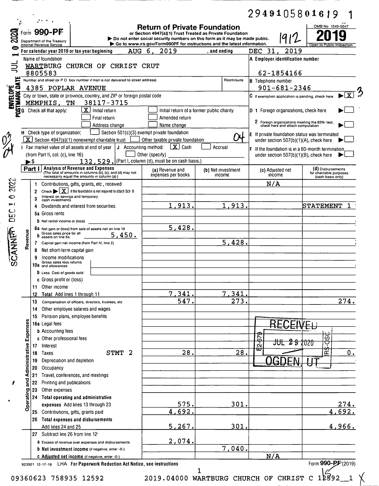 Image of first page of 2019 Form 990PF for Wartburg Church of Christ Crut 8805583