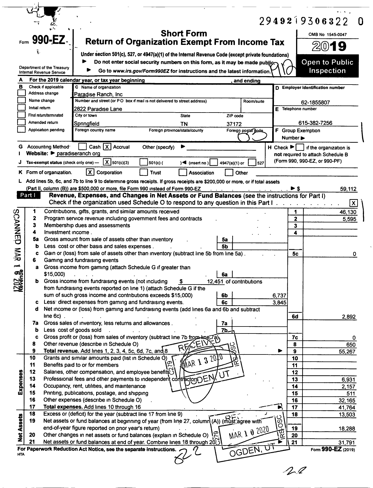 Image of first page of 2019 Form 990EZ for Paradise Ranch