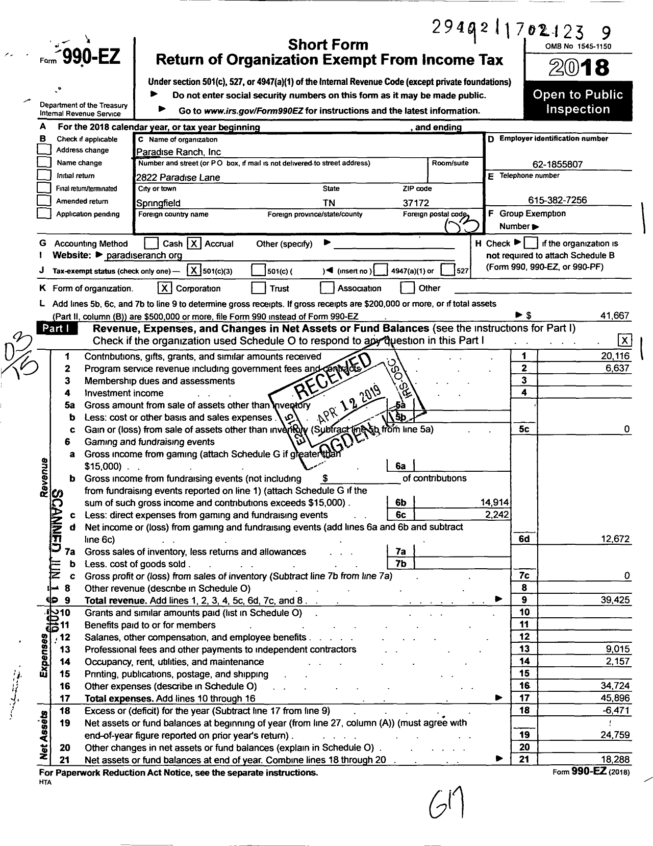 Image of first page of 2018 Form 990EZ for Paradise Ranch