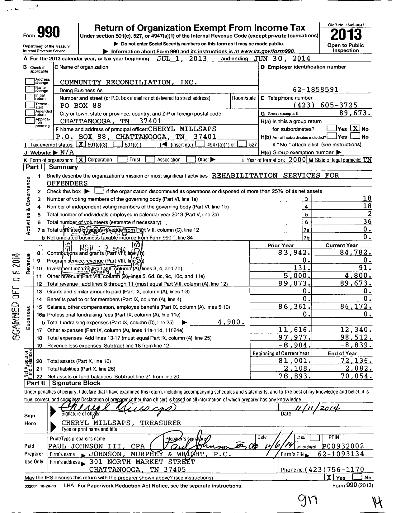 Image of first page of 2013 Form 990 for Community Reconciliation