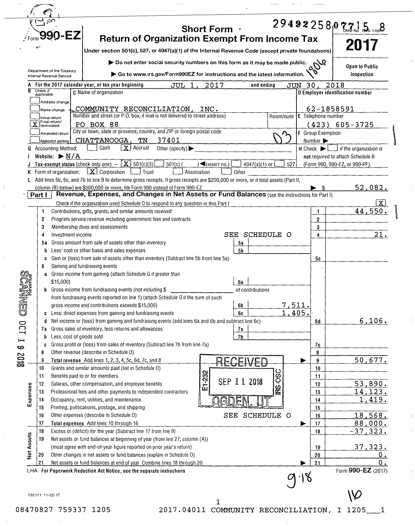 Image of first page of 2017 Form 990EZ for Community Reconciliation