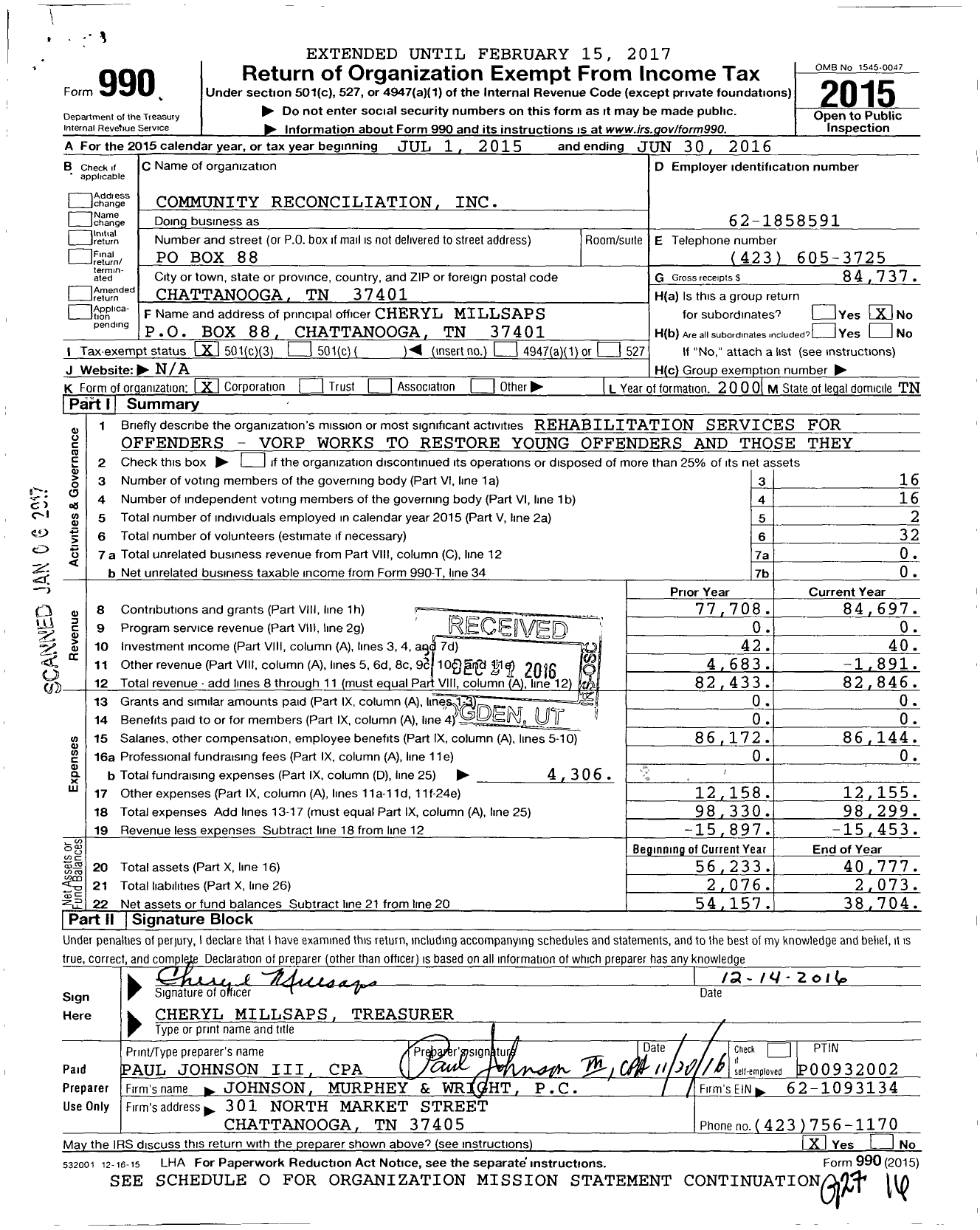 Image of first page of 2015 Form 990 for Community Reconciliation