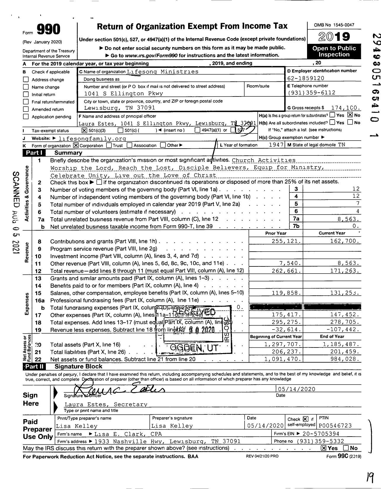 Image of first page of 2019 Form 990 for Lifesong Ministries