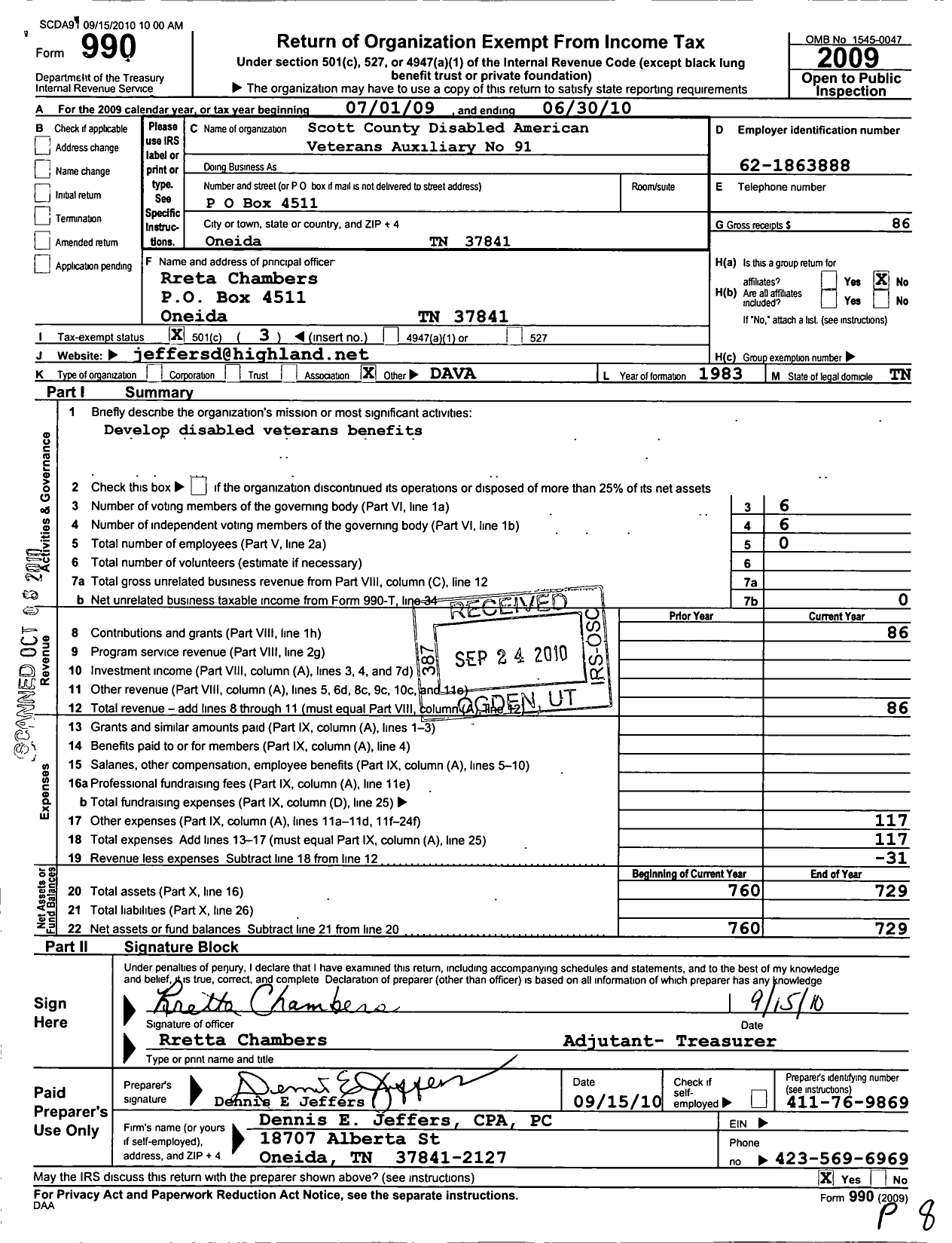 Image of first page of 2009 Form 990 for Disabled American Veterans Auxiliary - 91 Scott County