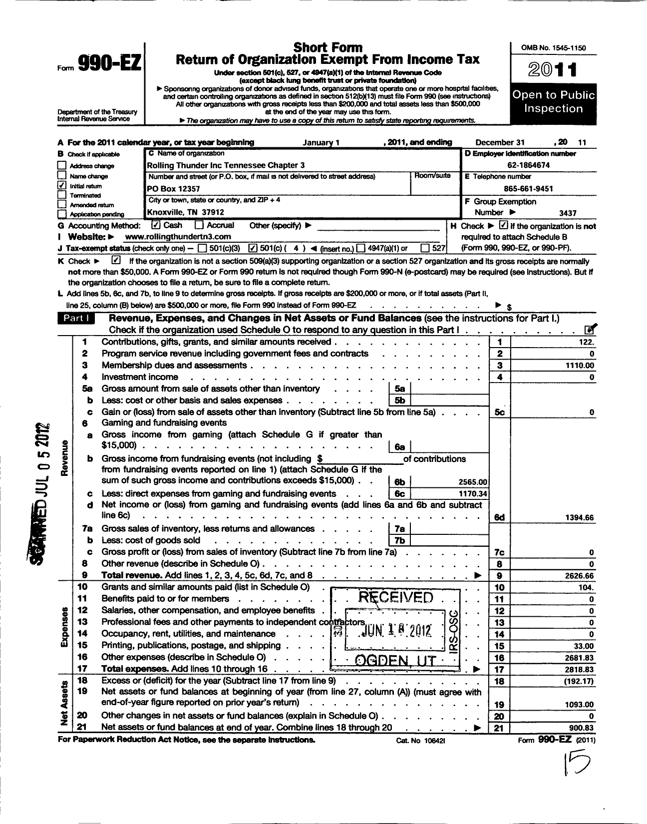 Image of first page of 2011 Form 990EO for Rolling Thunder - 3 TN Chap