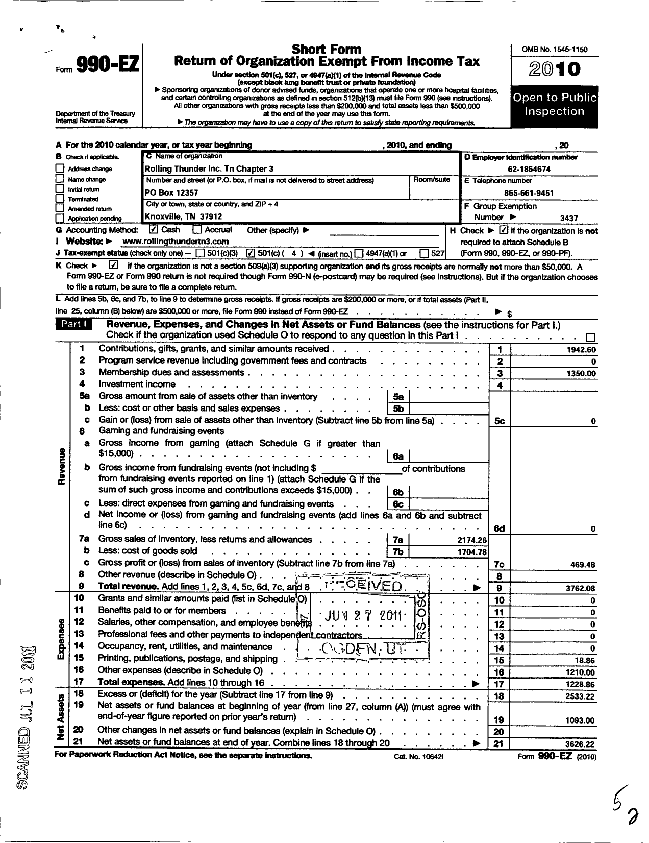 Image of first page of 2010 Form 990EO for Rolling Thunder - 3 TN Chap