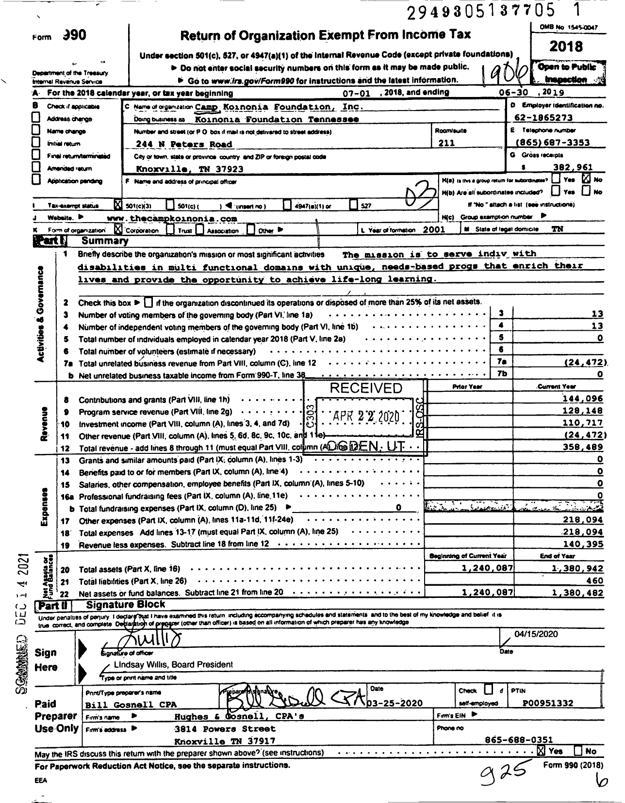 Image of first page of 2018 Form 990 for The Camp Koinonia Foundation