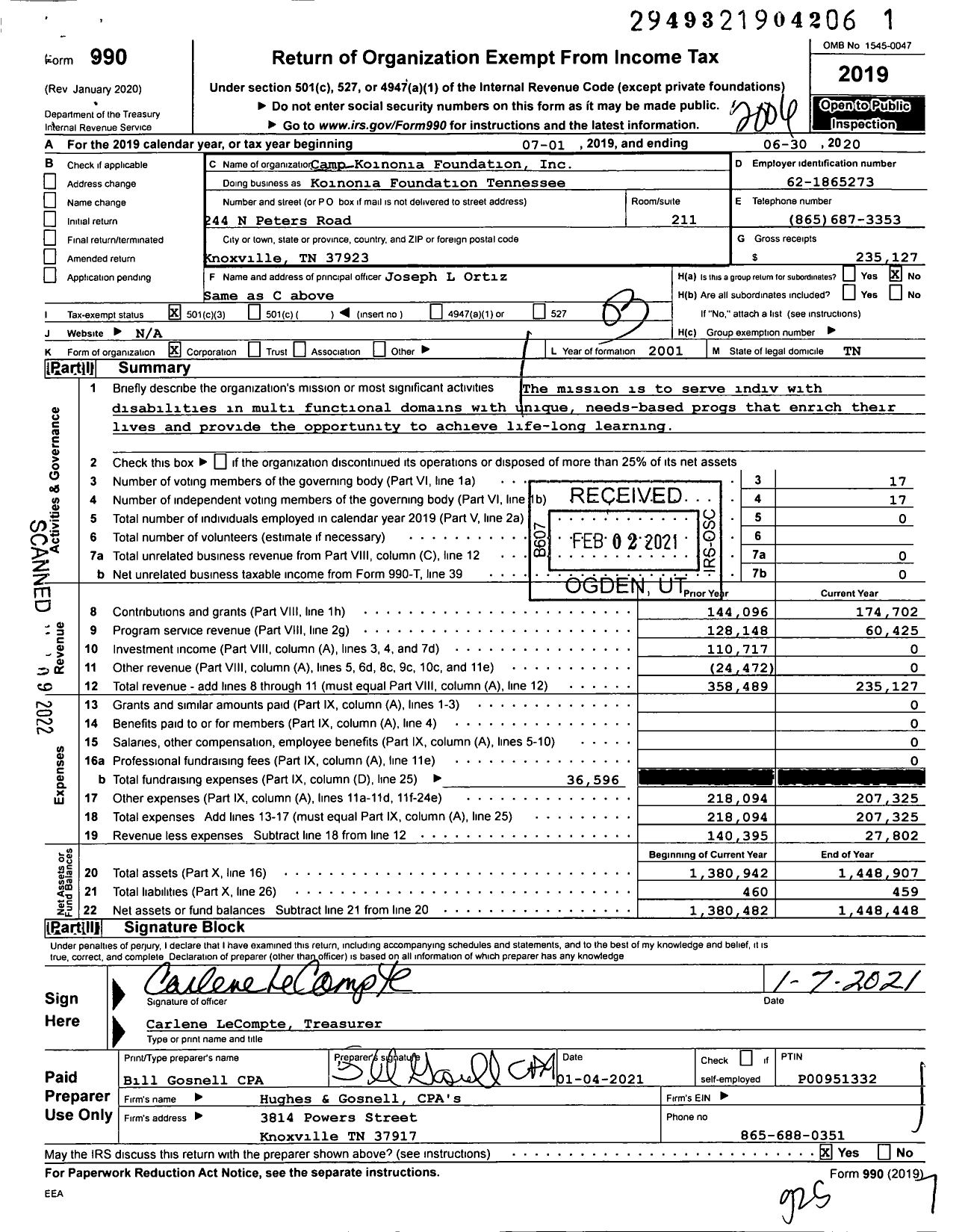 Image of first page of 2019 Form 990 for The Camp Koinonia Foundation