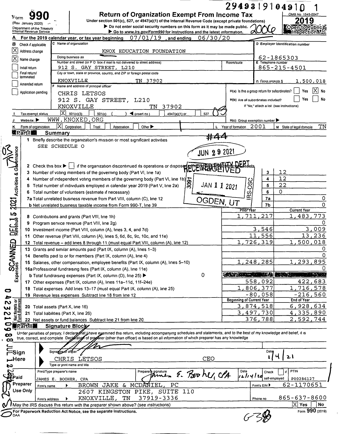 Image of first page of 2019 Form 990 for Knox Education Foundation