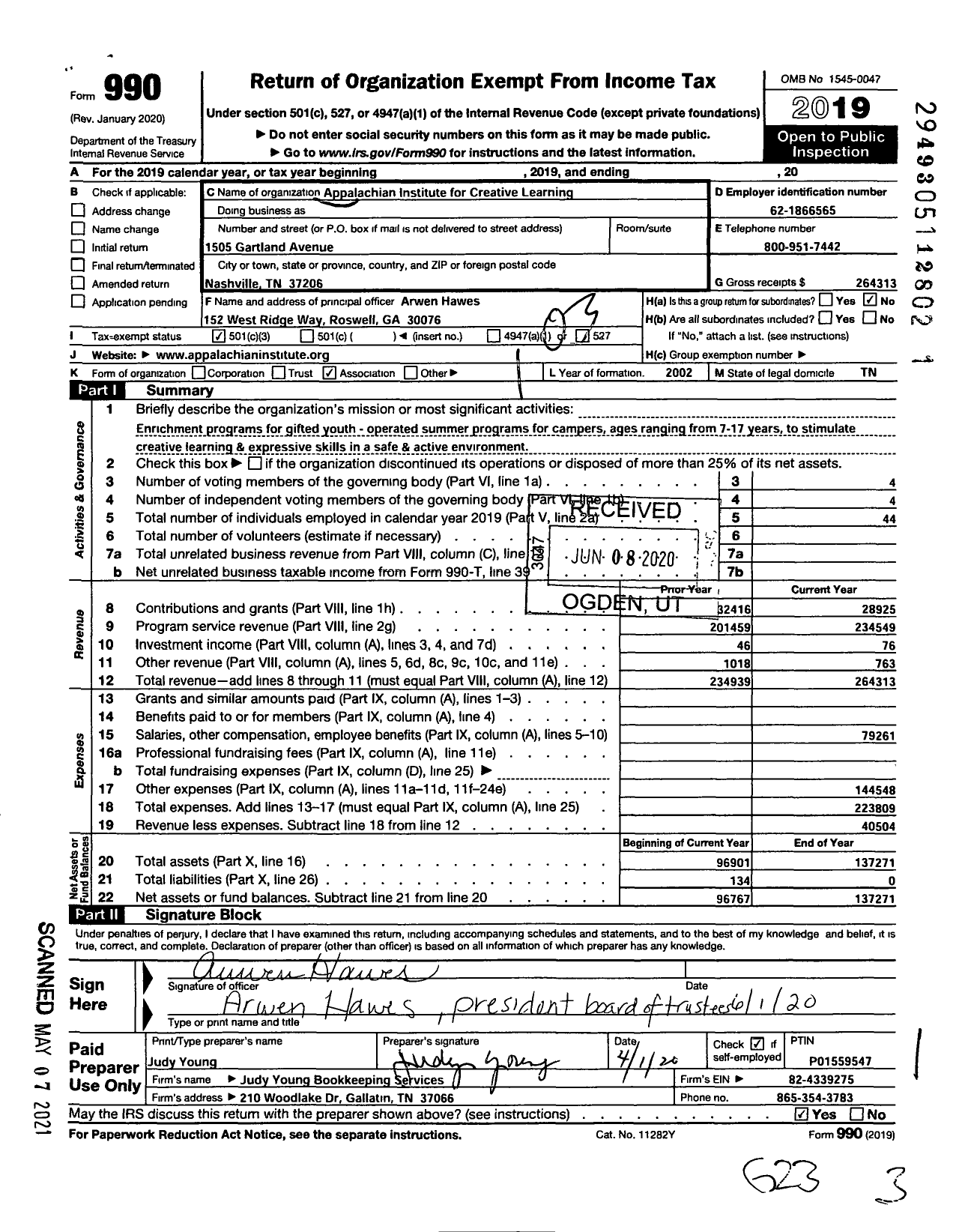 Image of first page of 2019 Form 990 for Appalachian Institute of Creative Learning