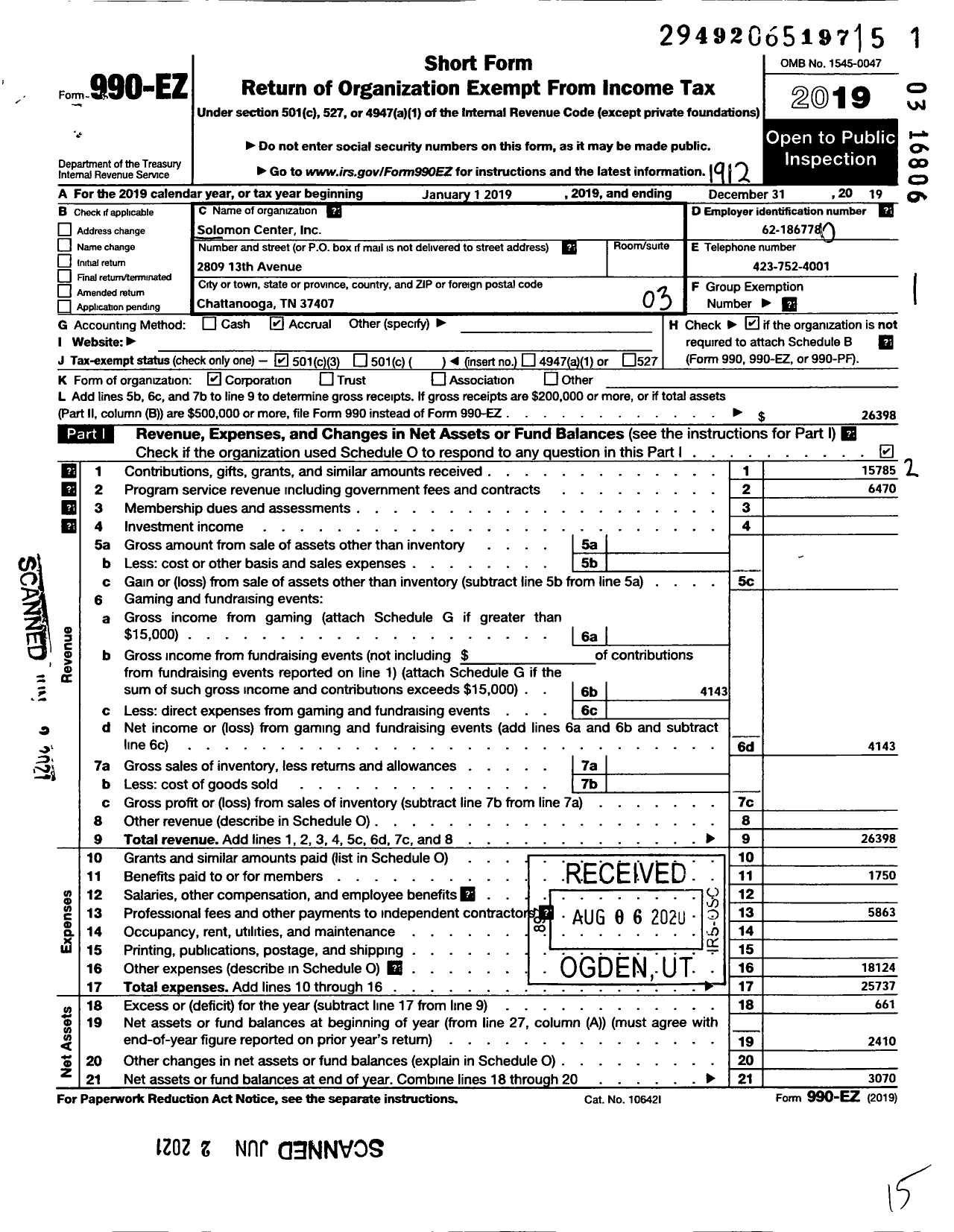 Image of first page of 2019 Form 990EZ for Solomon Center