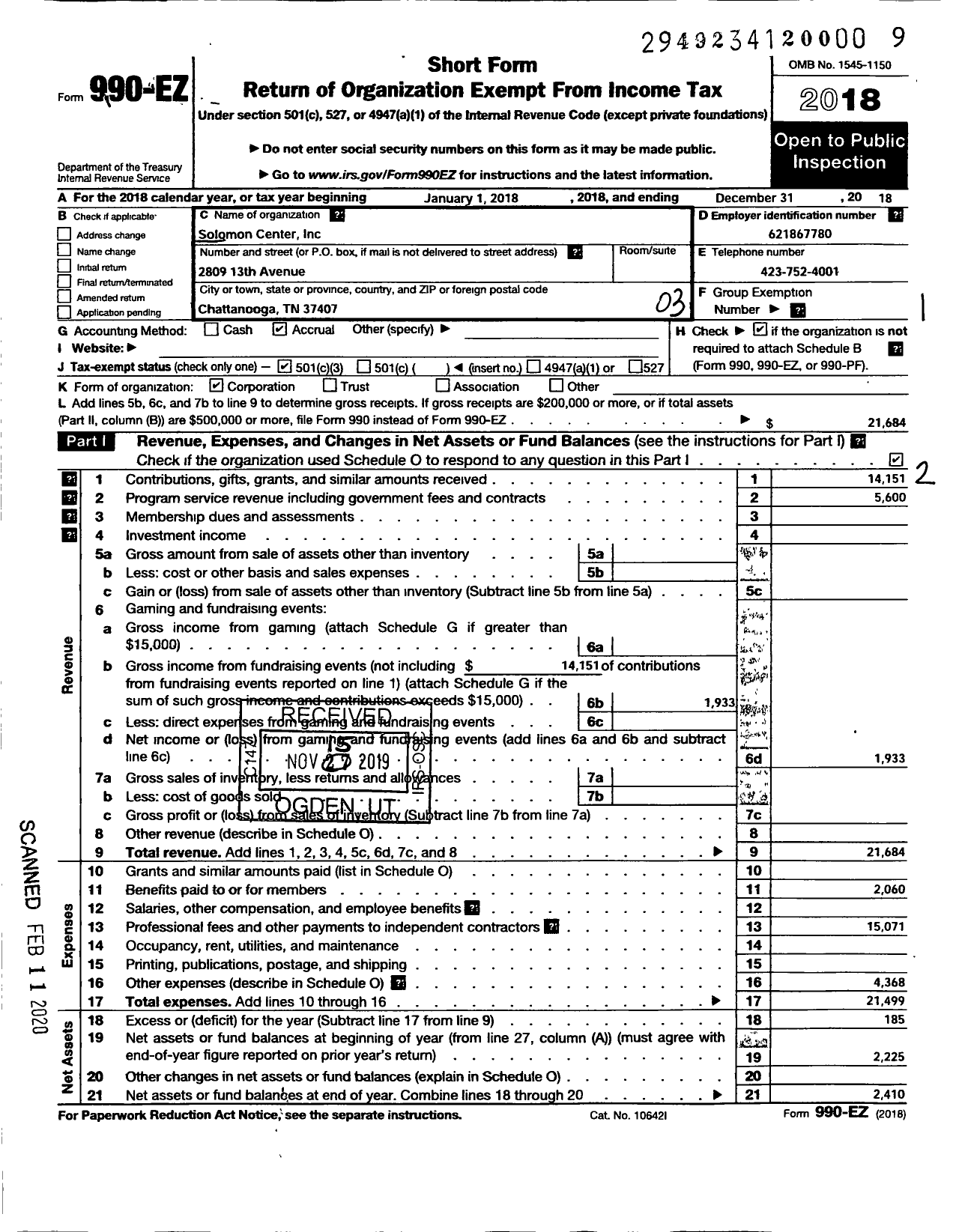 Image of first page of 2018 Form 990EZ for Solomon Center