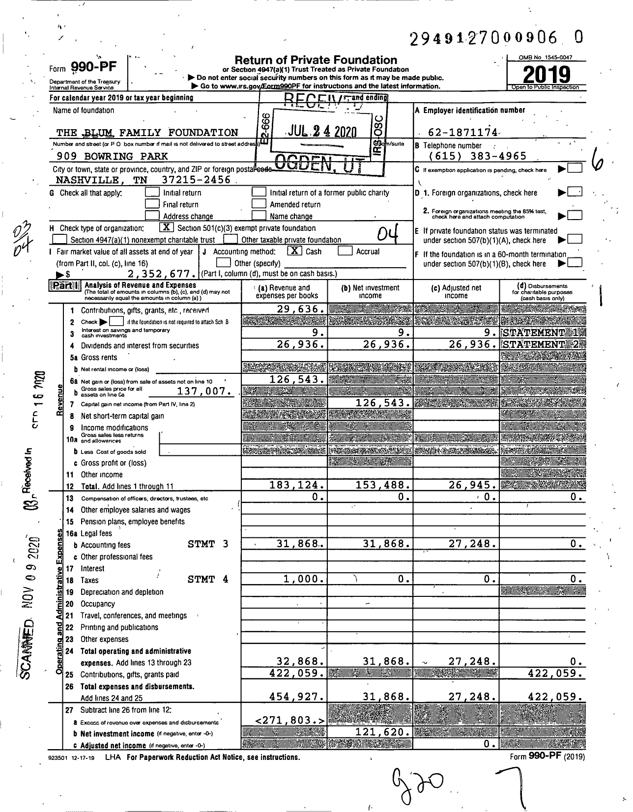 Image of first page of 2019 Form 990PF for The Blum Family Foundation