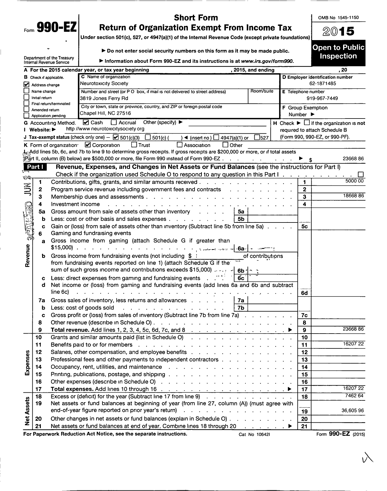 Image of first page of 2015 Form 990EZ for Neurotoxicity Society