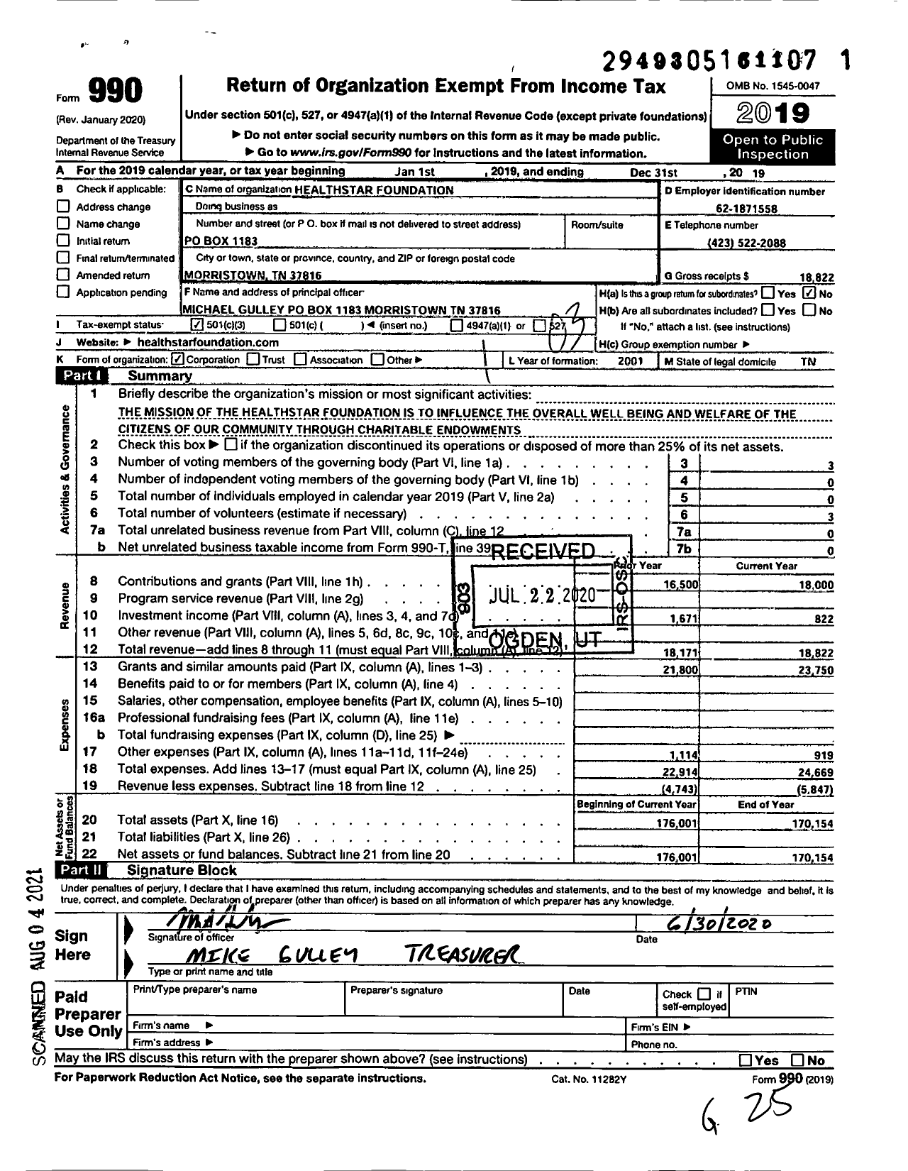 Image of first page of 2019 Form 990 for Healthstar Foundation