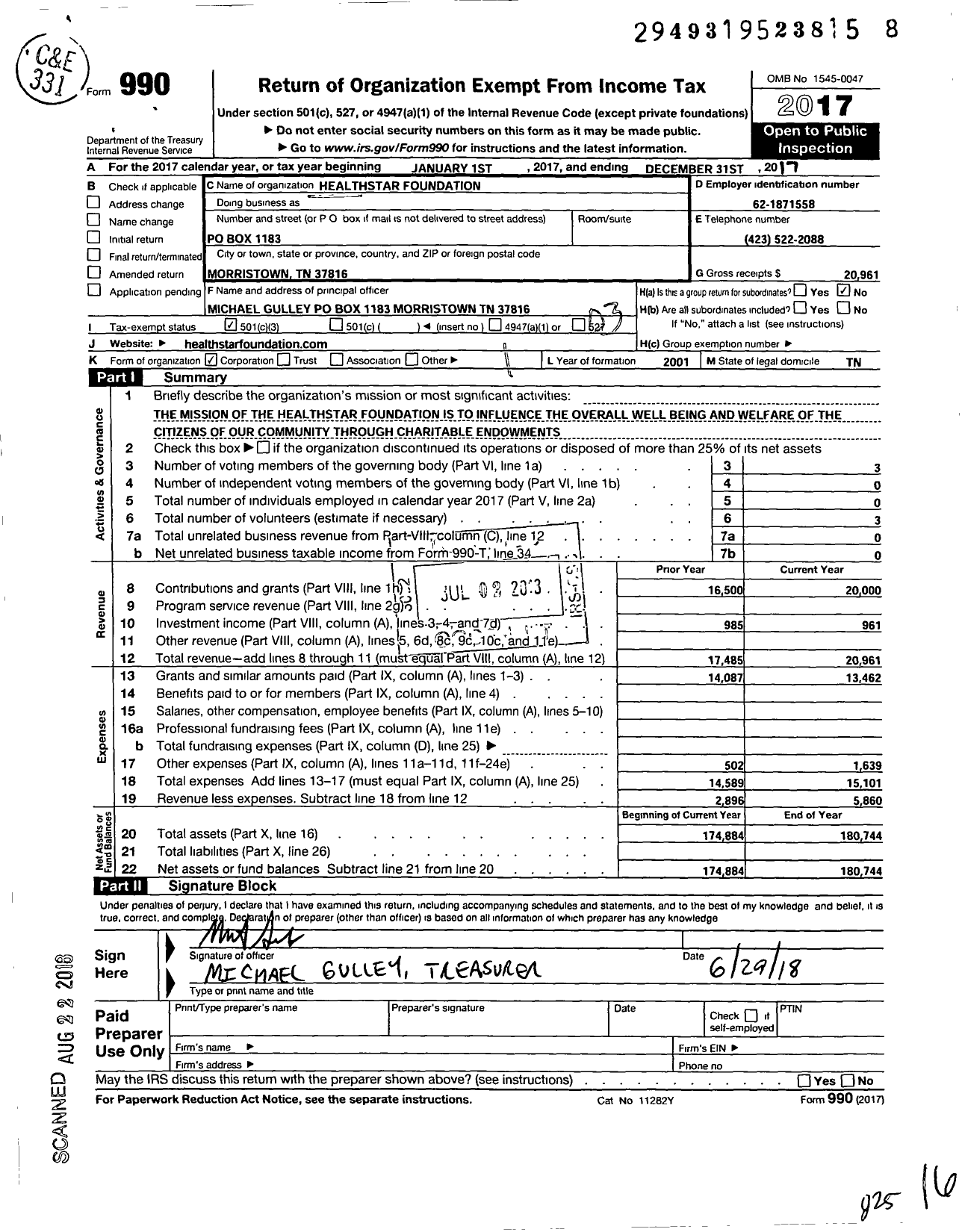 Image of first page of 2017 Form 990 for Healthstar Foundation