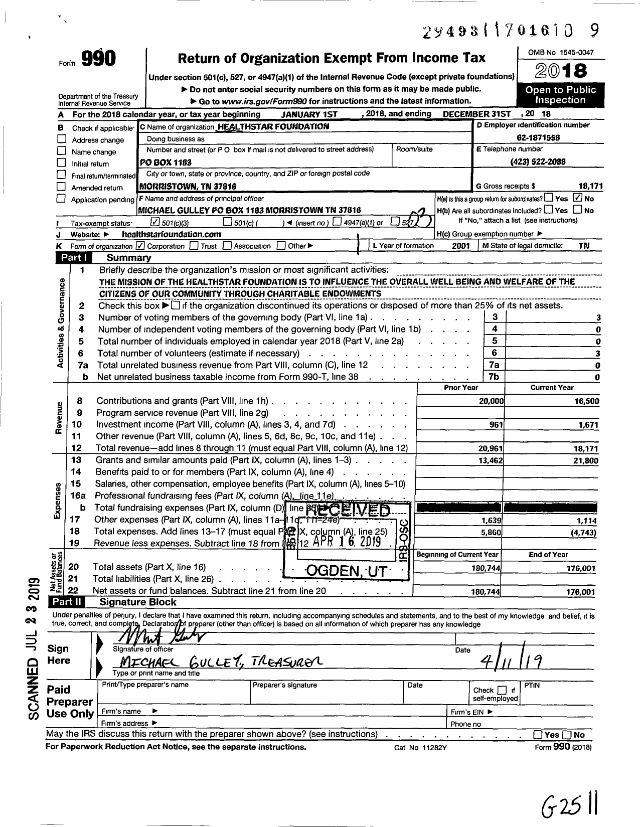 Image of first page of 2018 Form 990 for Healthstar Foundation