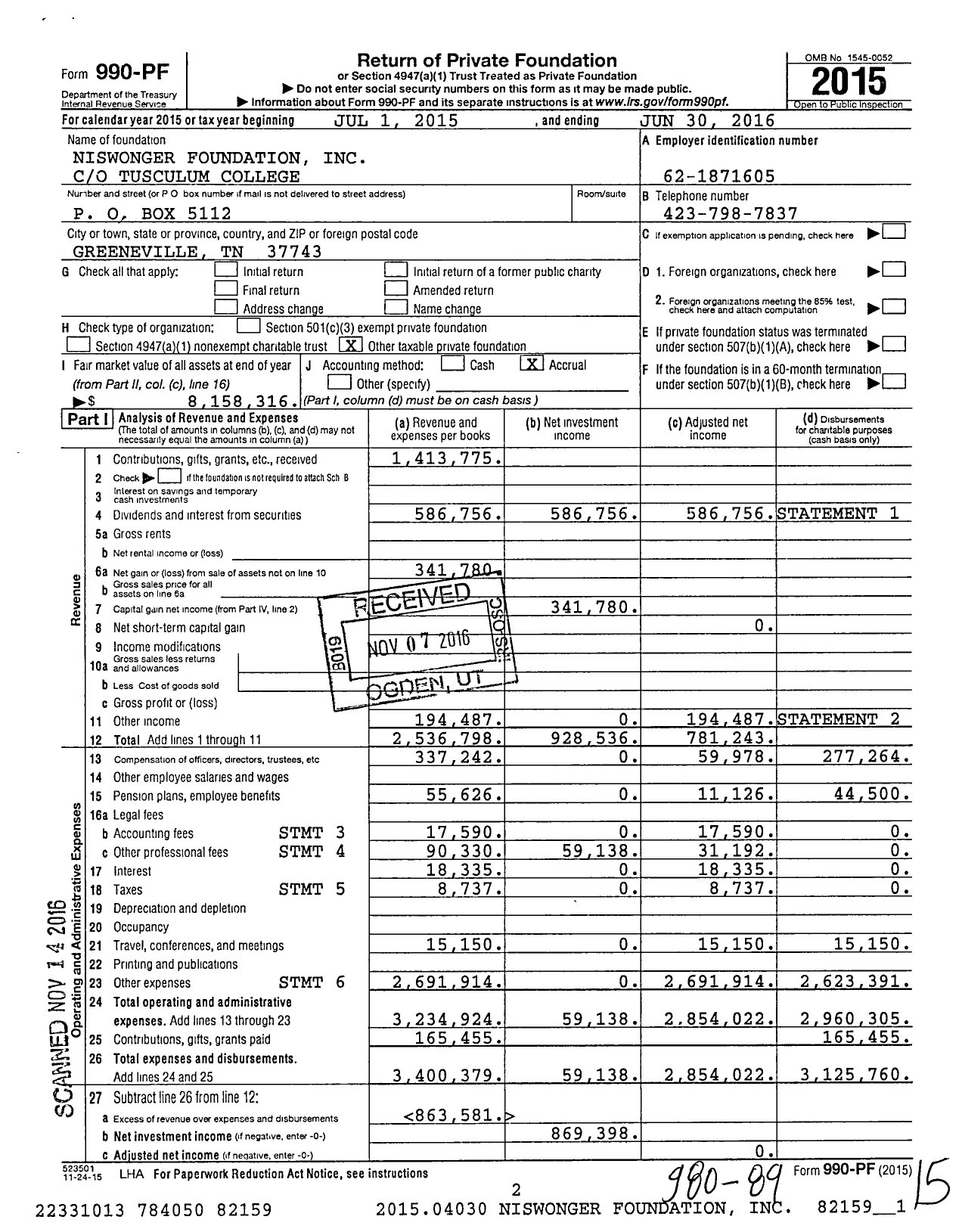 Image of first page of 2015 Form 990PF for Niswonger Foundation