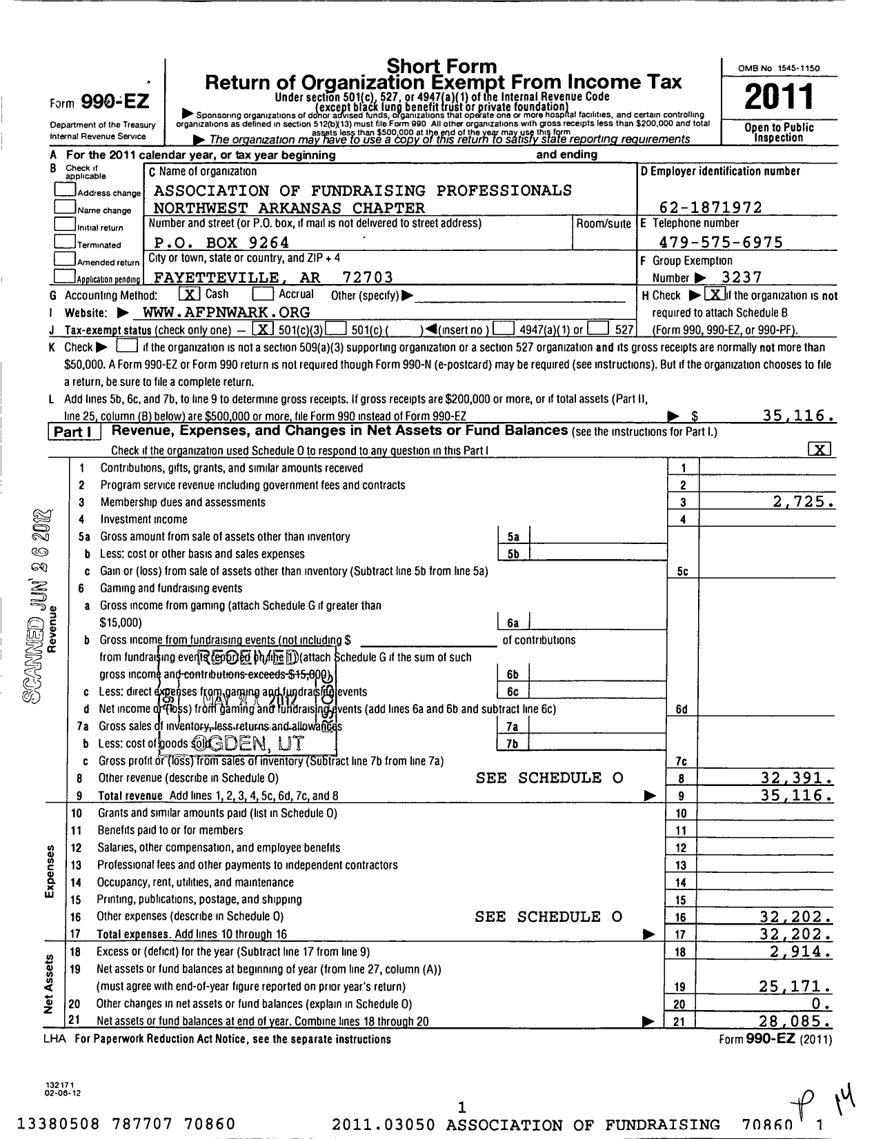 Image of first page of 2011 Form 990EZ for Association of Fundraising Professionals - Ar Northwest Chapter