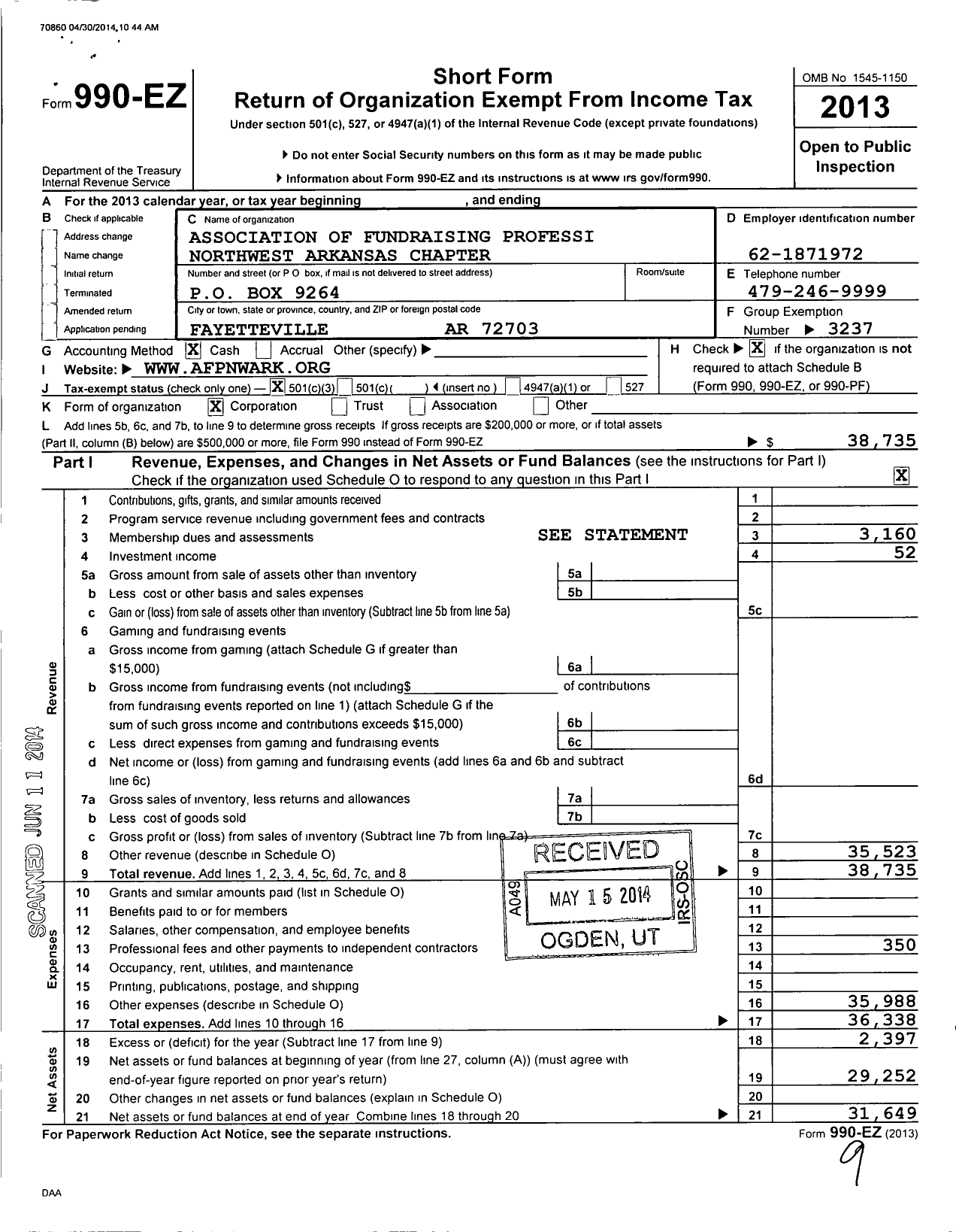 Image of first page of 2013 Form 990EZ for Association of Fundraising Professionals - Ar Northwest Chapter