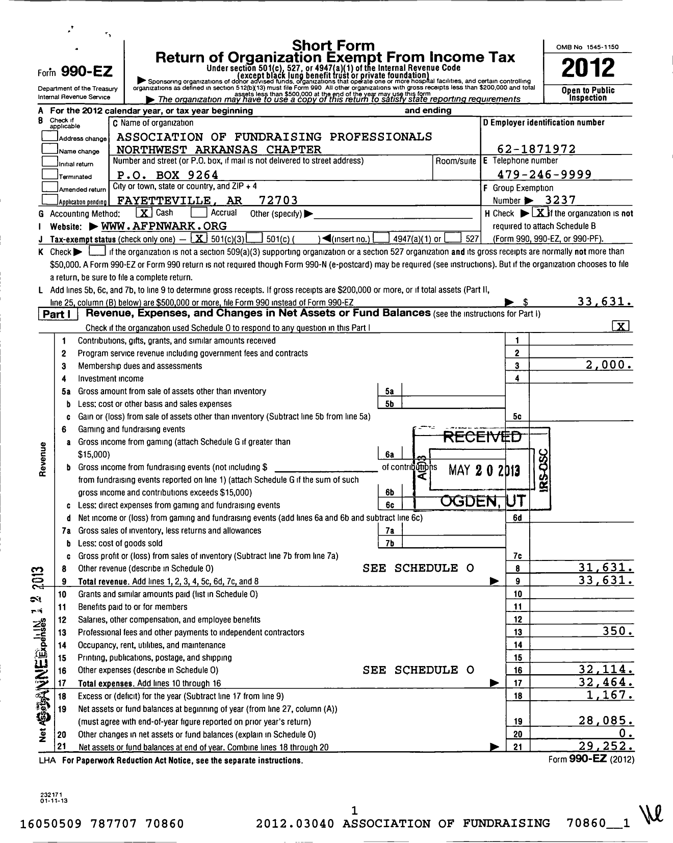 Image of first page of 2012 Form 990EZ for Association of Fundraising Professionals - Ar Northwest Chapter