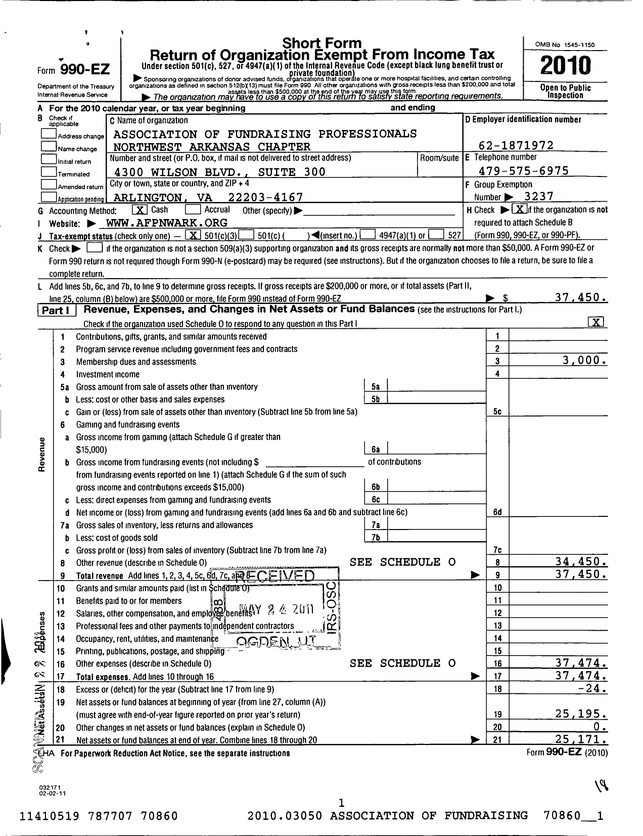 Image of first page of 2010 Form 990EZ for Association of Fundraising Professionals - Ar Northwest Chapter