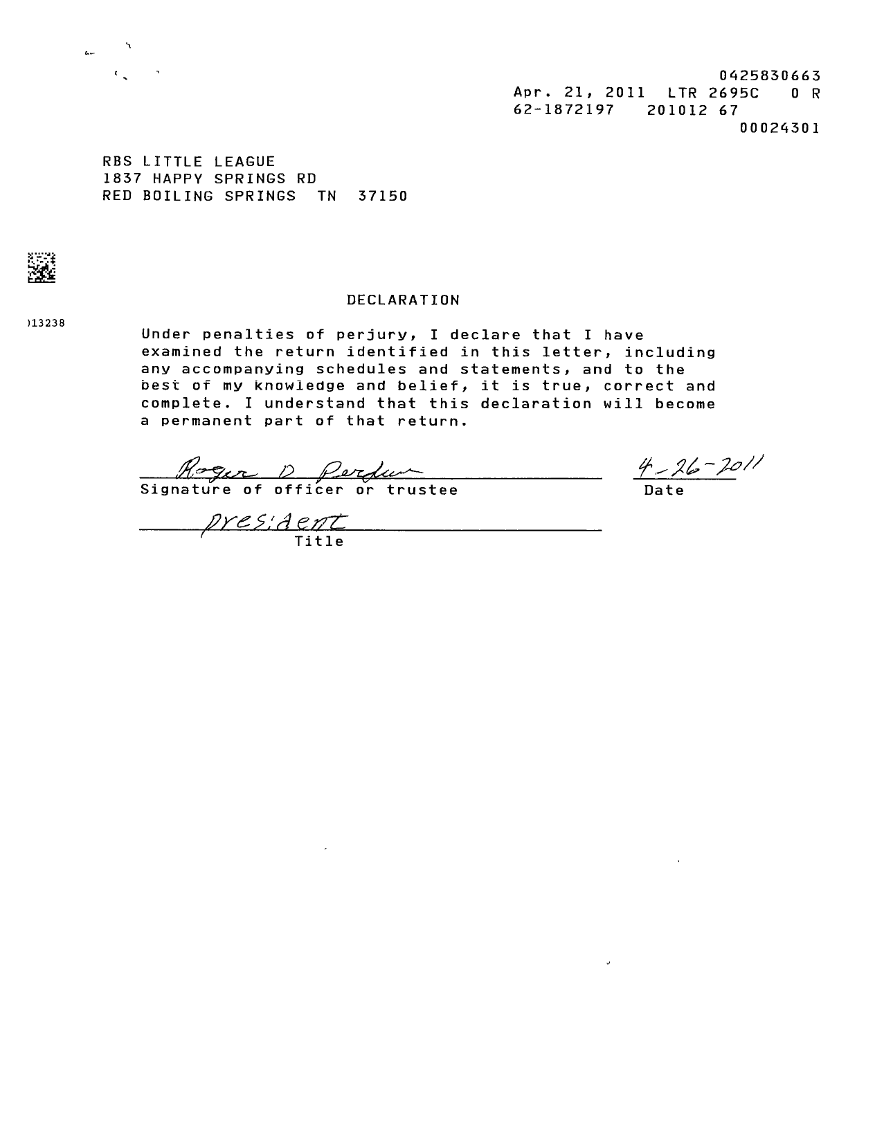 Image of first page of 2010 Form 990ER for Little League Baseball - 3420211 Red Boiling Springs LL