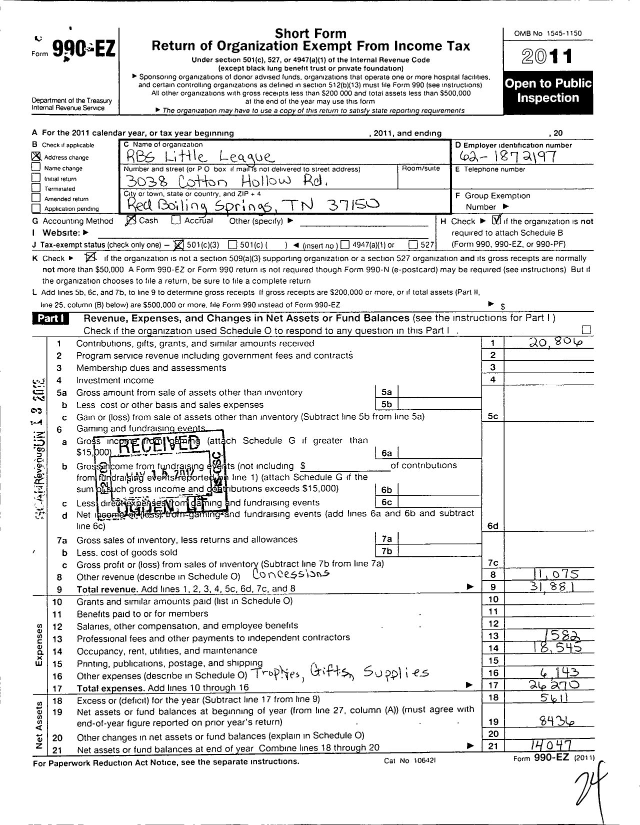 Image of first page of 2011 Form 990EZ for Little League Baseball - 3420211 Red Boiling Springs LL