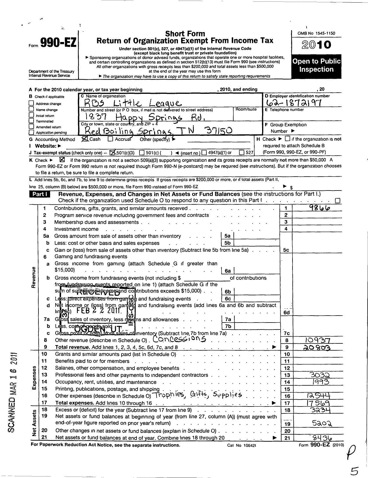 Image of first page of 2010 Form 990EZ for Little League Baseball - 3420211 Red Boiling Springs LL