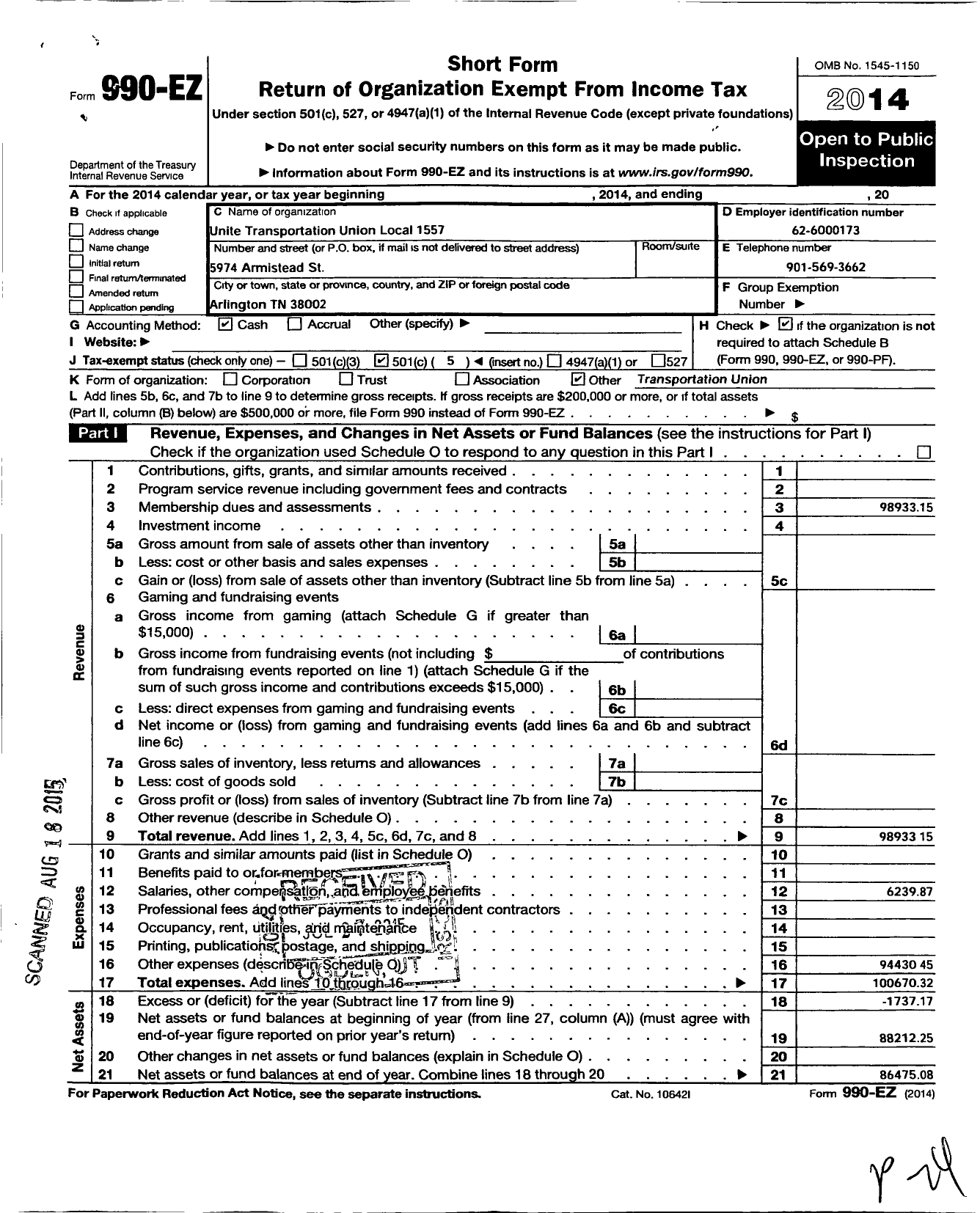 Image of first page of 2014 Form 990EO for Smart Union - 1557 TD