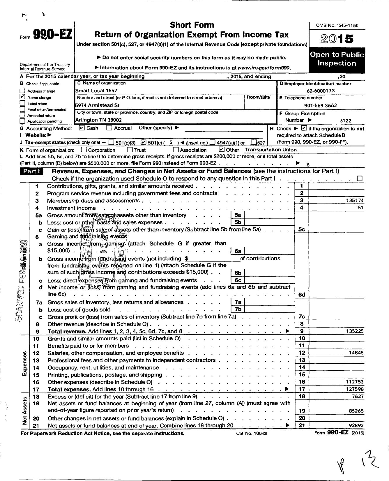 Image of first page of 2015 Form 990EO for Smart Union - 1557 TD