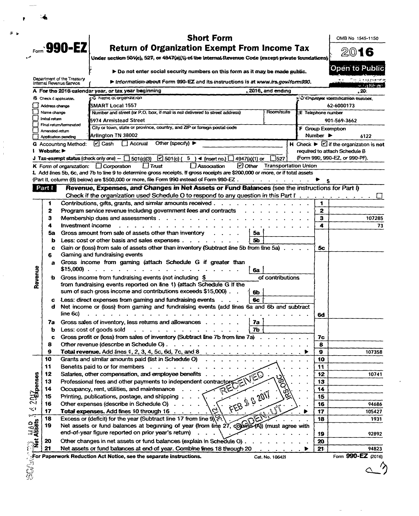 Image of first page of 2016 Form 990EO for Smart Union - 1557 TD