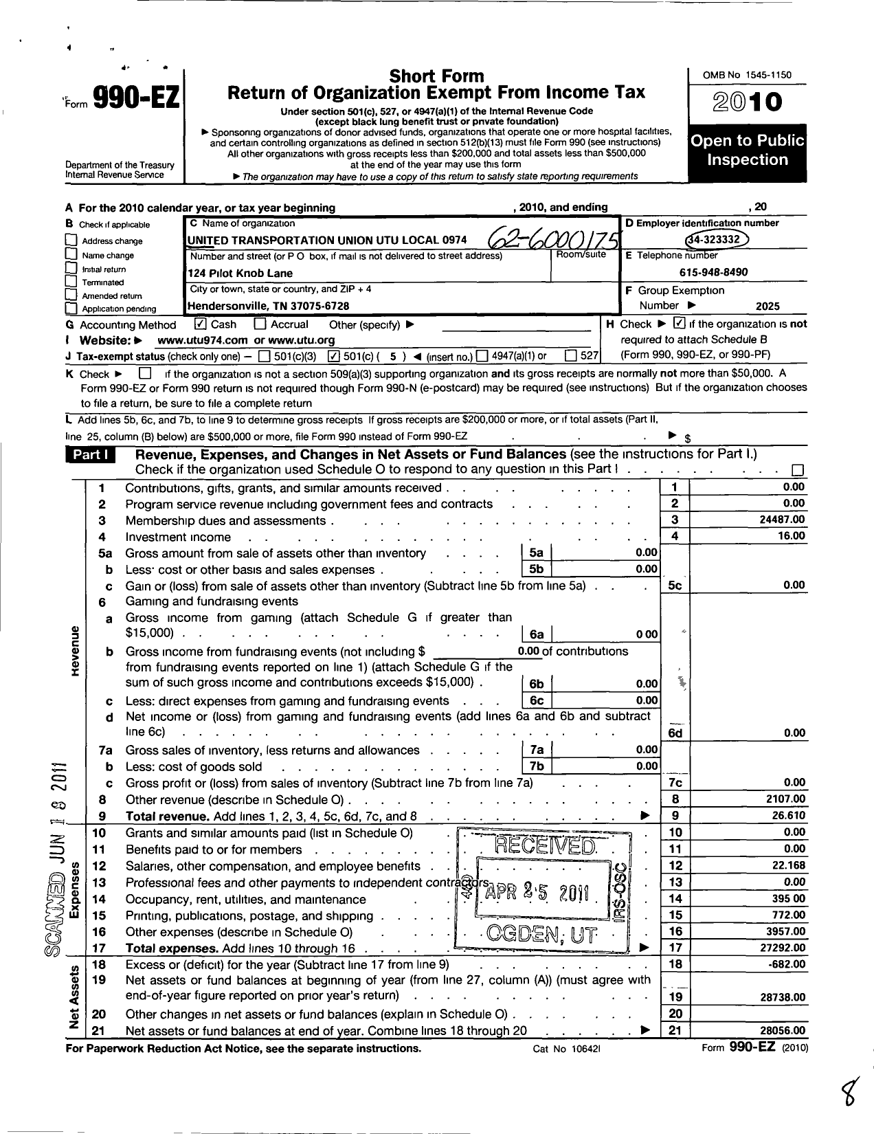 Image of first page of 2010 Form 990EO for Smart Union - 974 TD