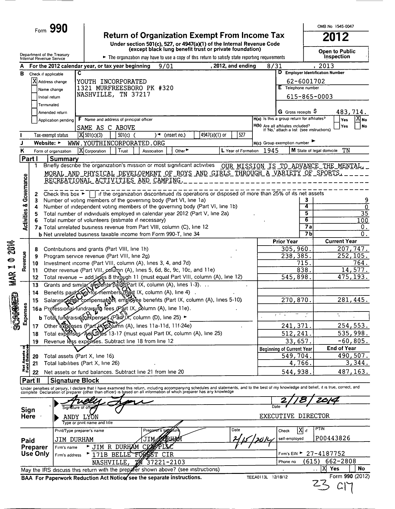 Image of first page of 2012 Form 990 for Youth Incorporated