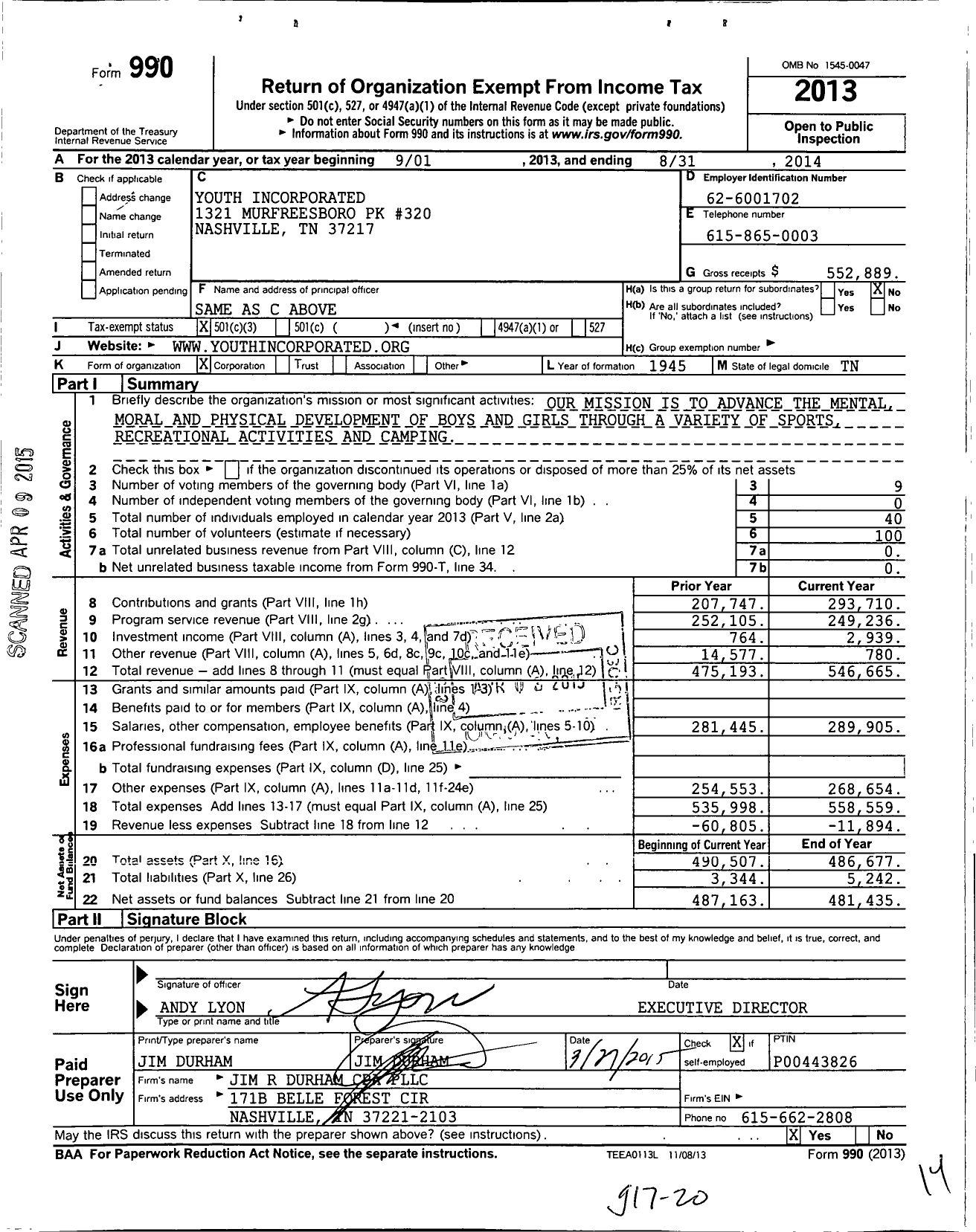 Image of first page of 2013 Form 990 for Youth Incorporated