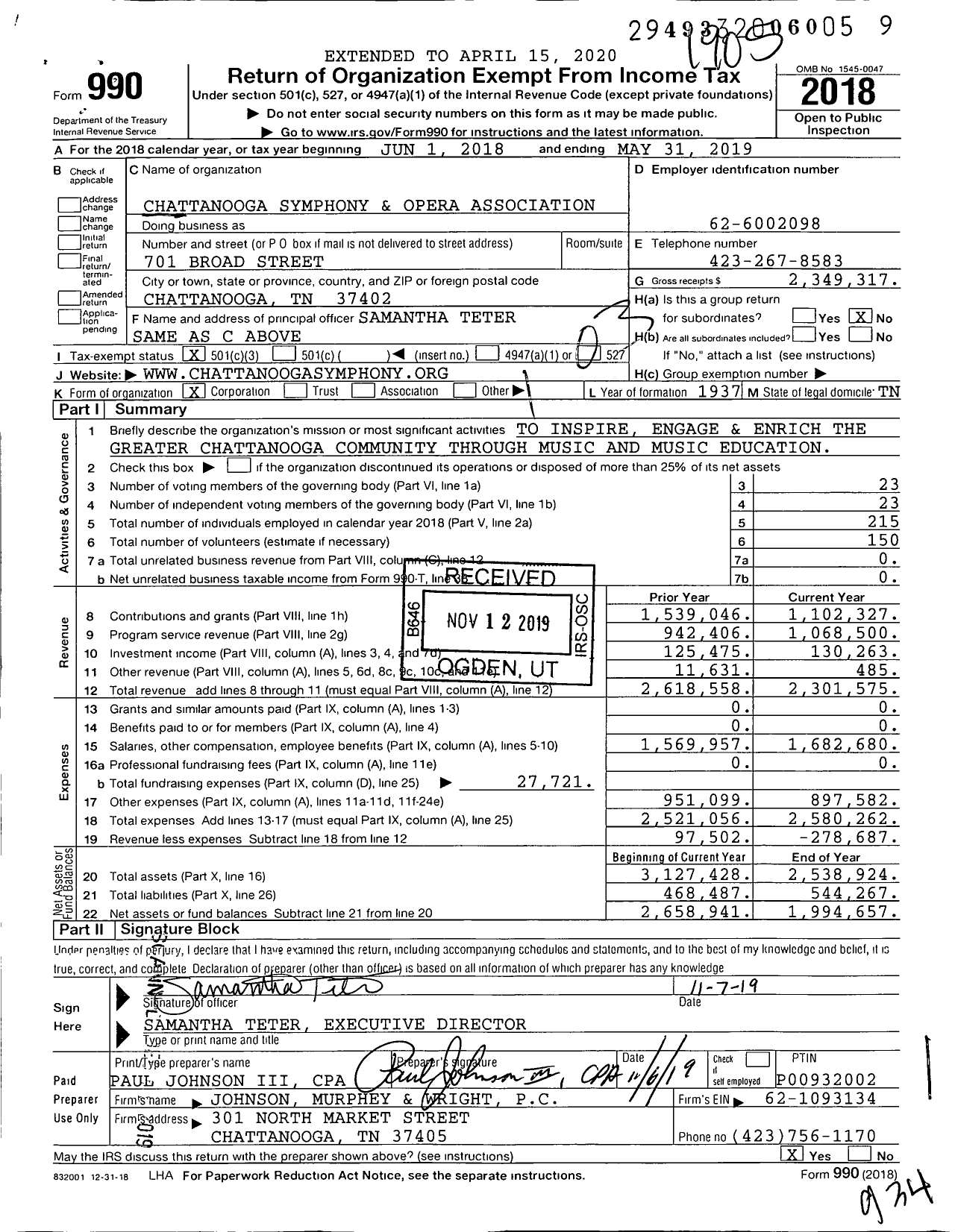 Image of first page of 2018 Form 990 for Chattanooga Symphony and Opera Association