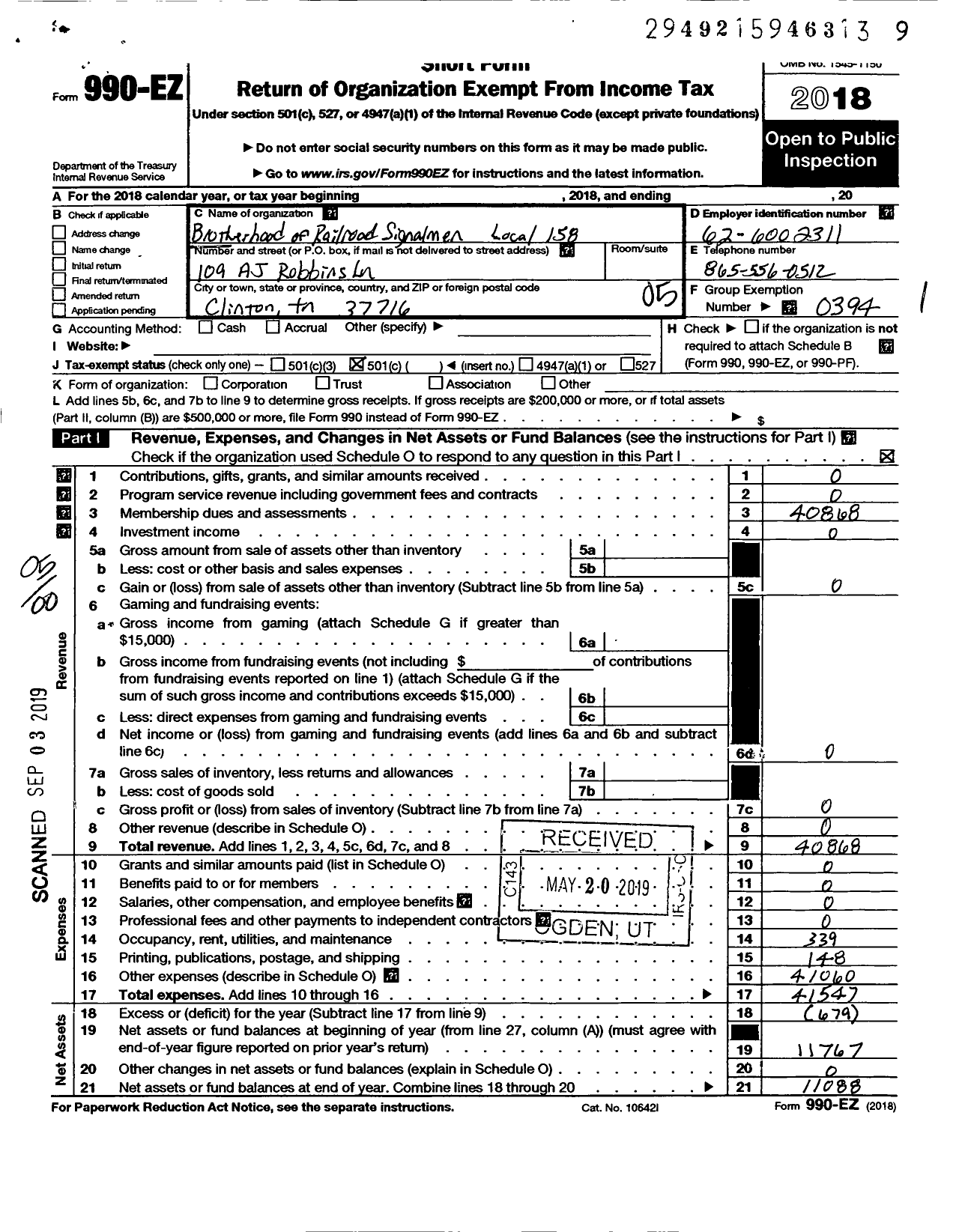 Image of first page of 2018 Form 990EO for Brotherhood of Railroad Signalmen - 158 Corbin Local