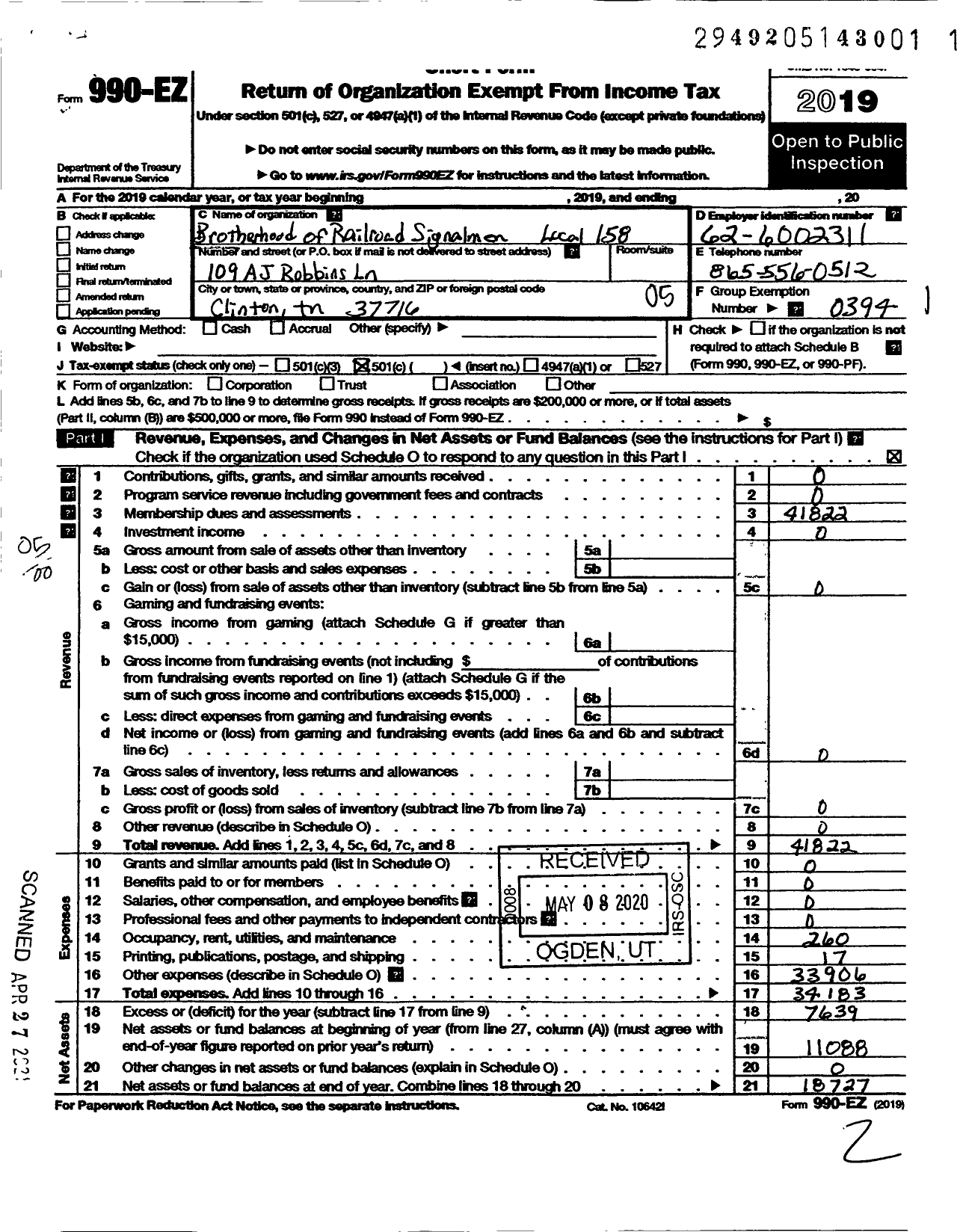 Image of first page of 2019 Form 990EO for Brotherhood of Railroad Signalmen - 158 Corbin Local