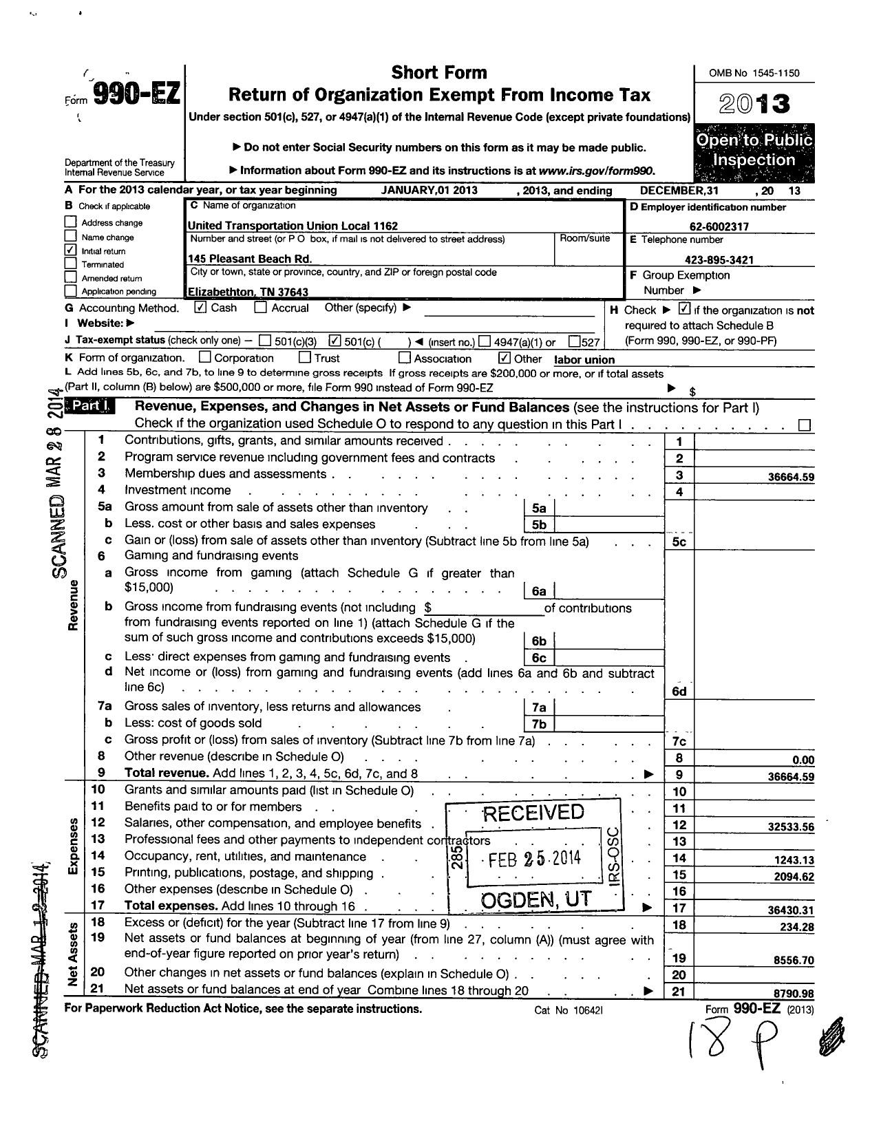 Image of first page of 2013 Form 990EO for Smart Union - 1162