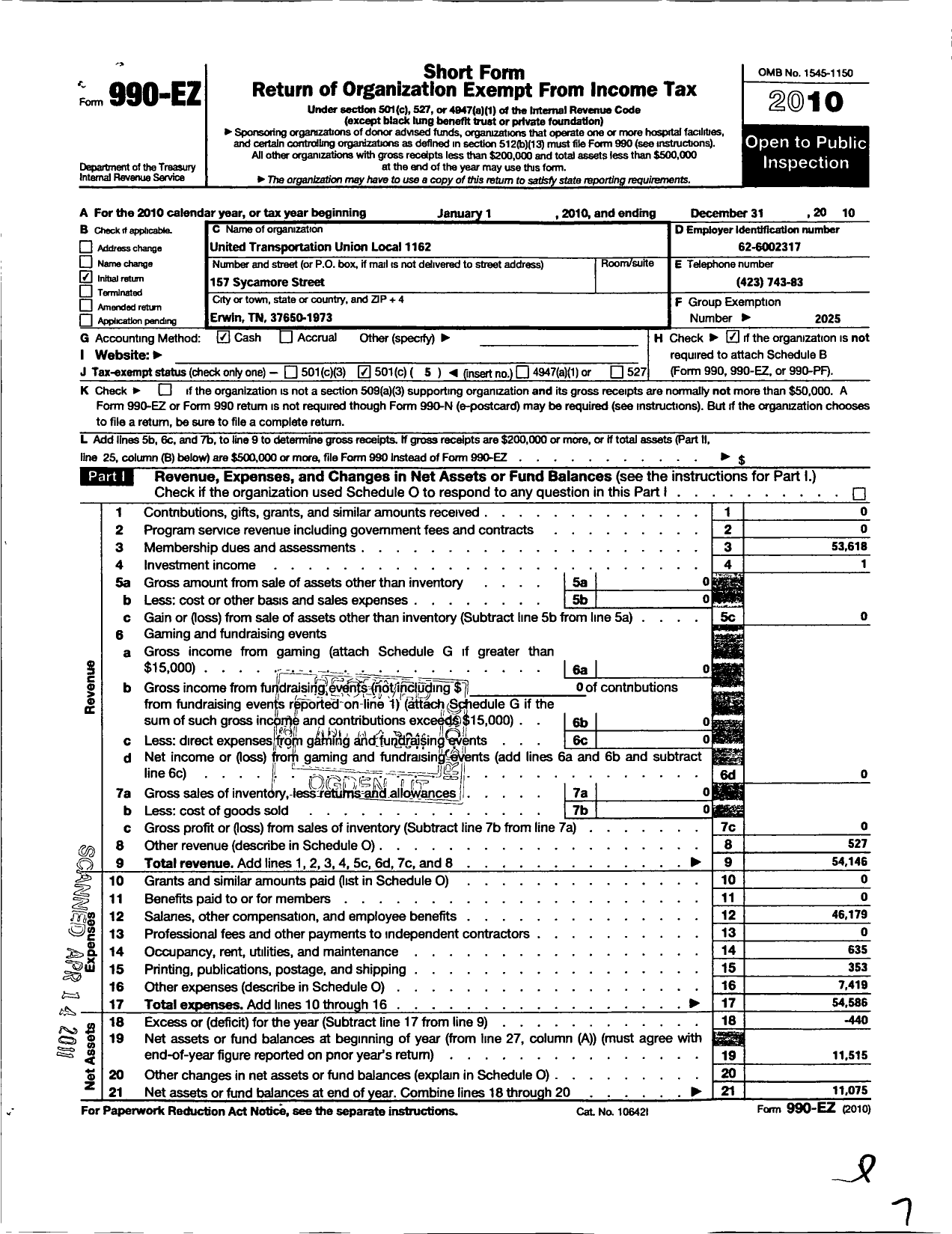 Image of first page of 2010 Form 990EO for Smart Union - 1162