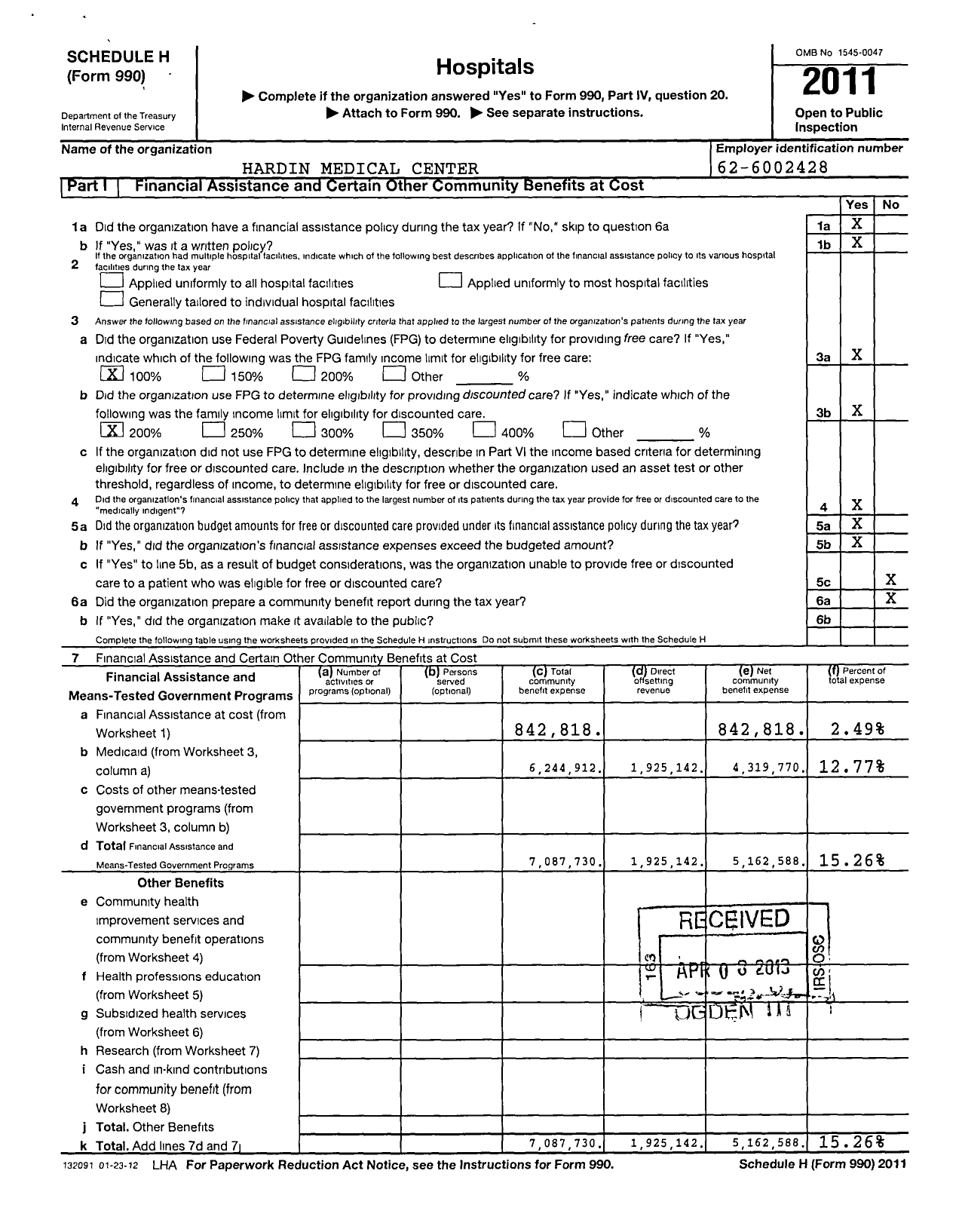 Image of first page of 2011 Form 990R for Hardin Medical Center