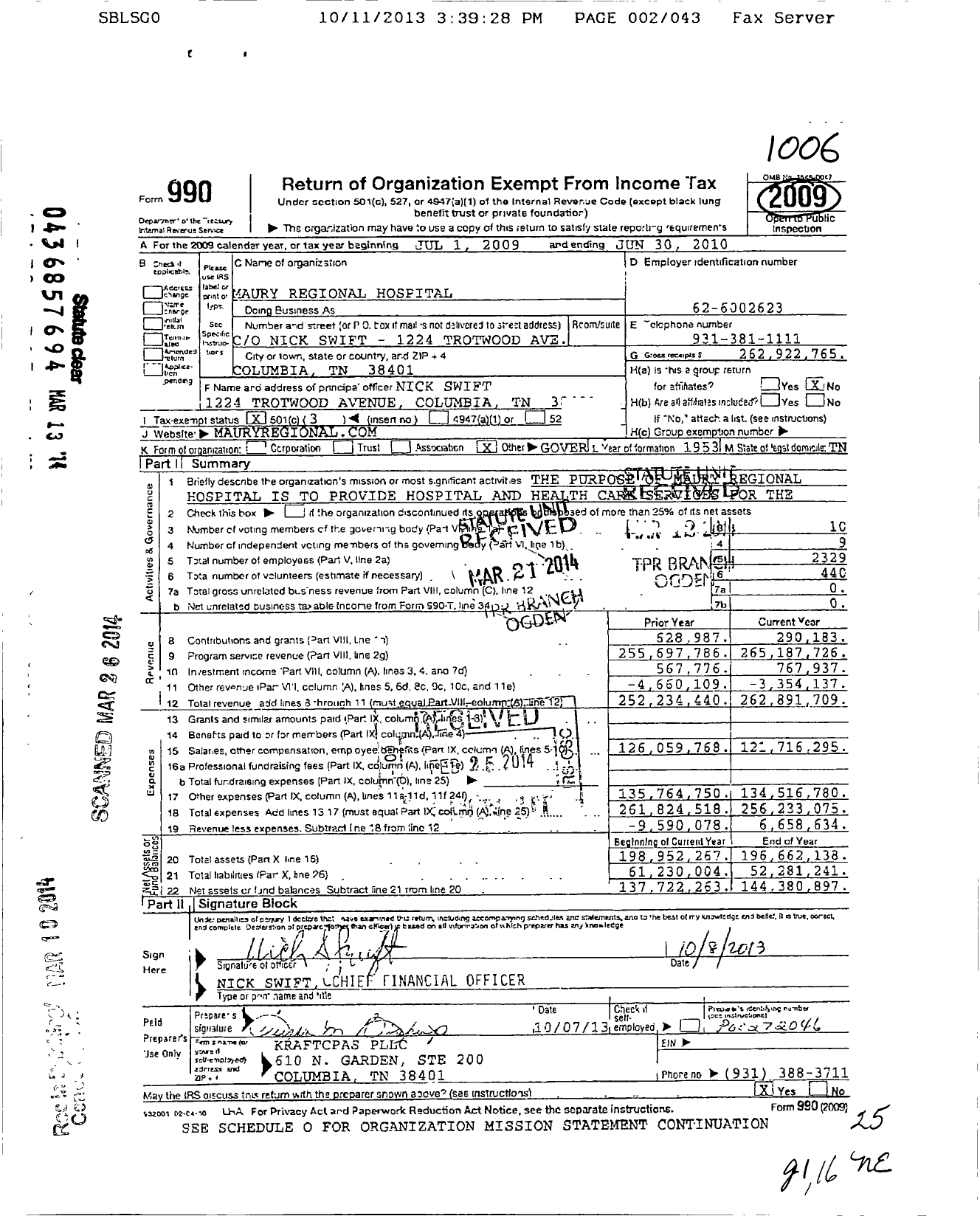 Image of first page of 2009 Form 990 for Maury Regional Medical Center