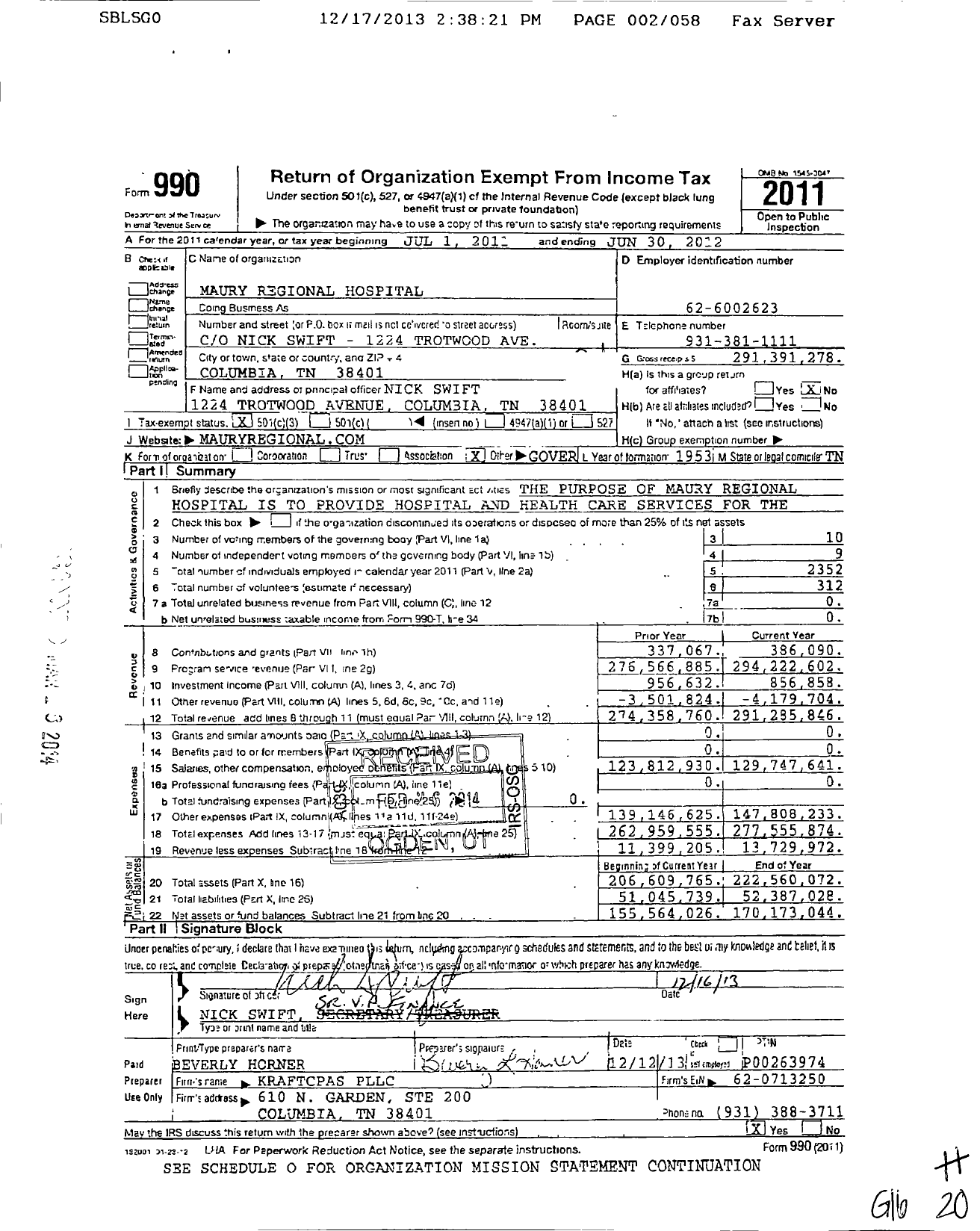 Image of first page of 2011 Form 990 for Maury Regional Medical Center