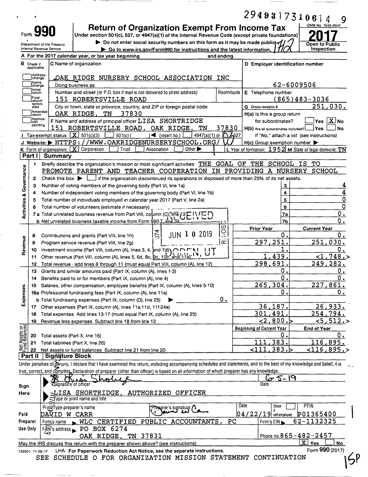 Image of first page of 2017 Form 990 for Oak Ridge Nursery School Association