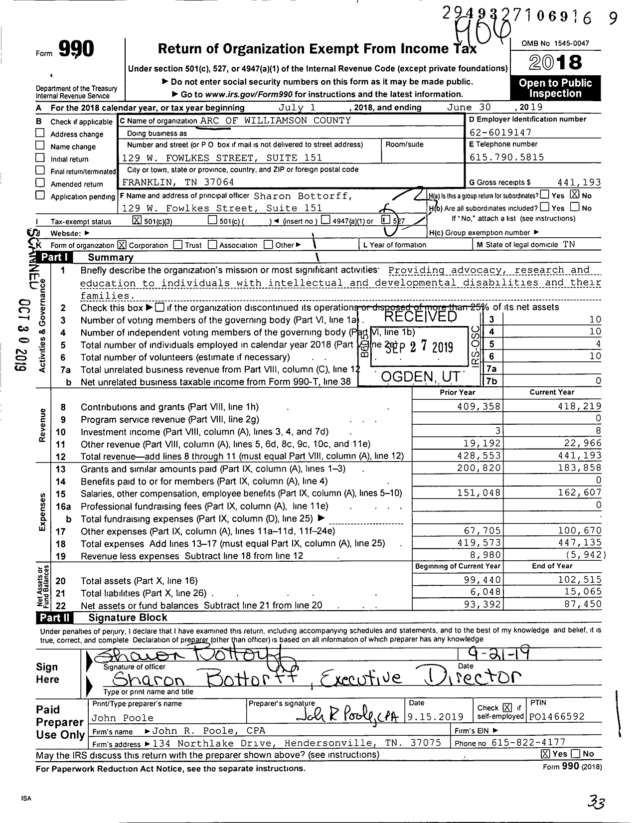 Image of first page of 2018 Form 990 for Arc of Williamson County