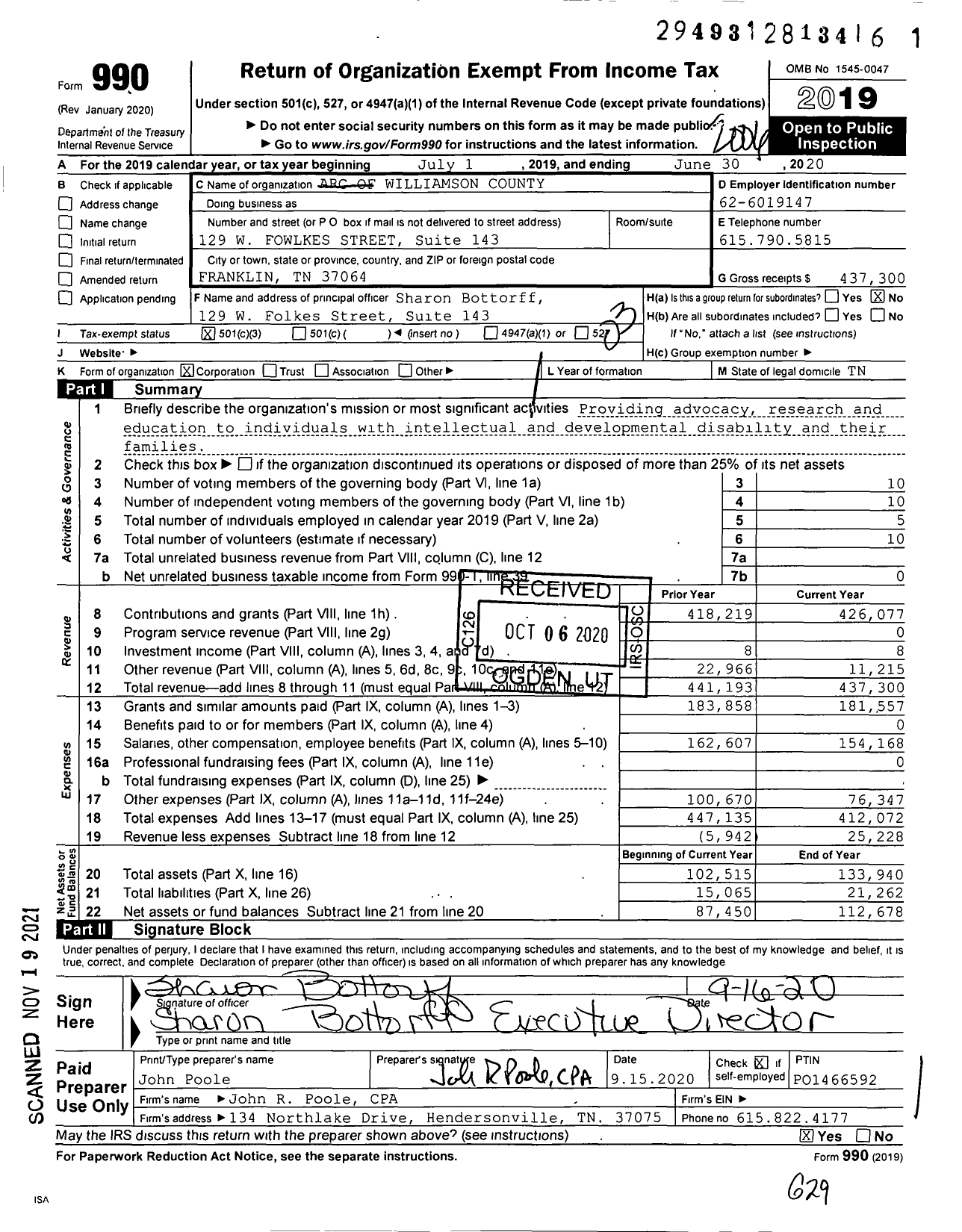 Image of first page of 2019 Form 990 for Arc of Williamson County