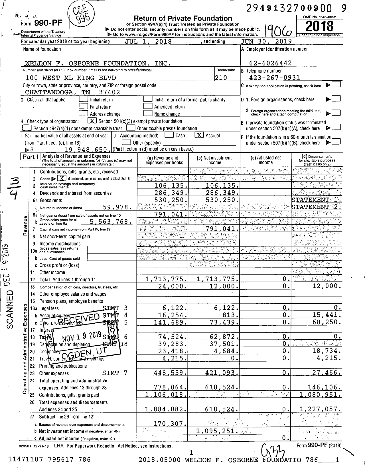 Image of first page of 2018 Form 990PF for Weldon F Osborne Foundation