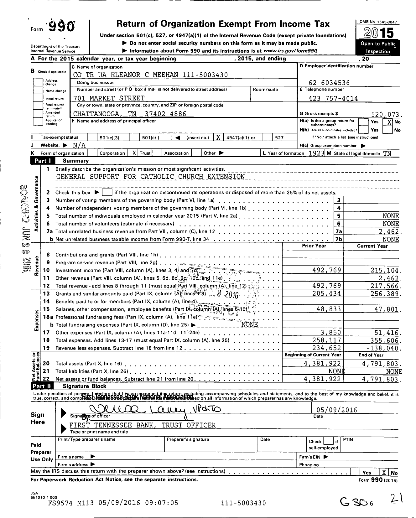 Image of first page of 2015 Form 990O for Co TR Eleanor C Meehan 189-5003430