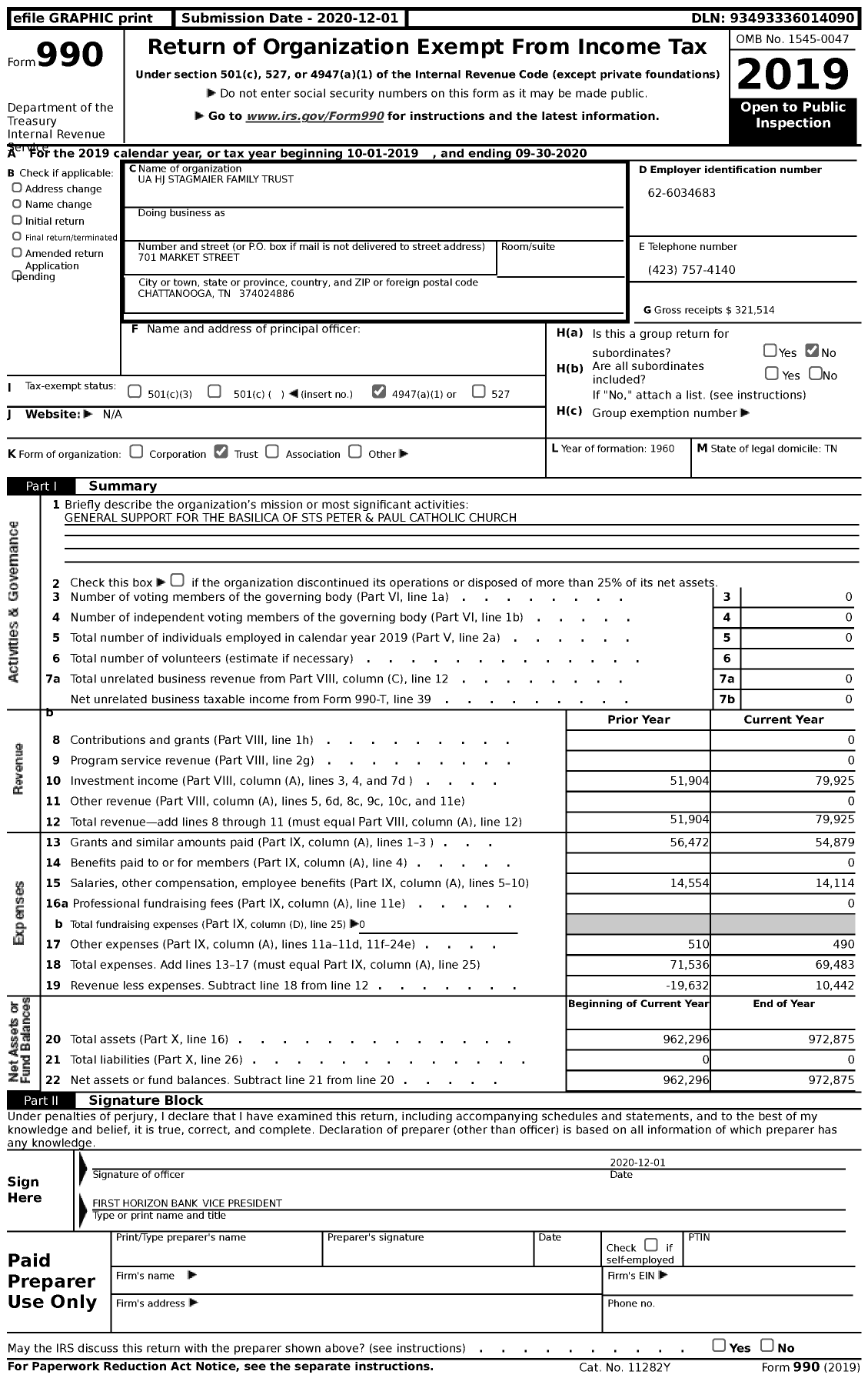 Image of first page of 2019 Form 990 for Ua HJ Stagmaier Family Trust