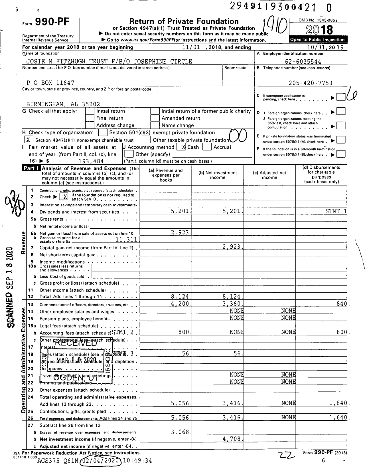 Image of first page of 2018 Form 990PR for Josie M Fitzhugh Trust Fbo Josephine Circle